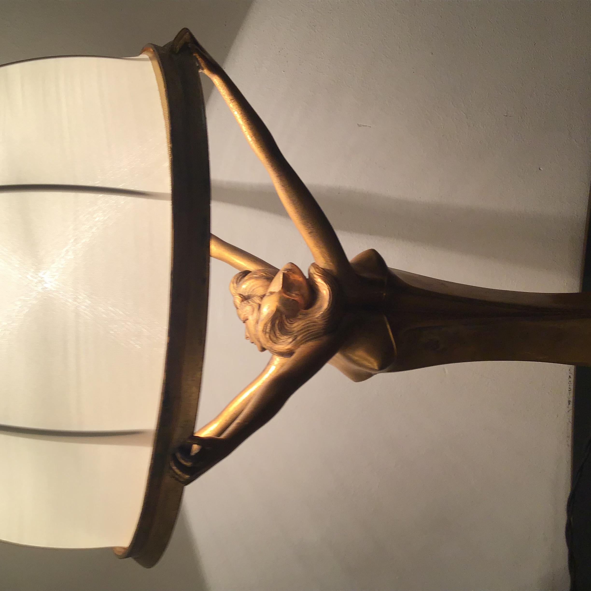 Art Nouveau Lamp Brass Satin Lampshade 1920 Italy For Sale 8