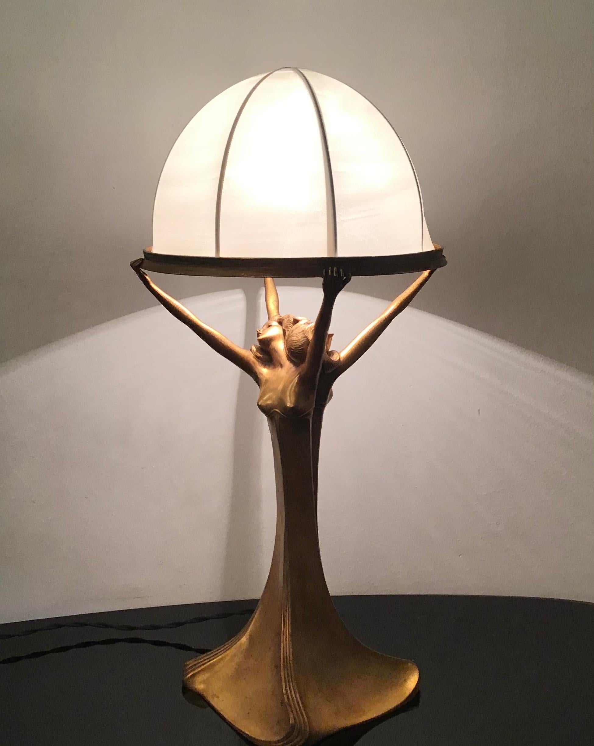 Art Nouveau Lamp Brass Satin Lampshade 1920 Italy For Sale 9