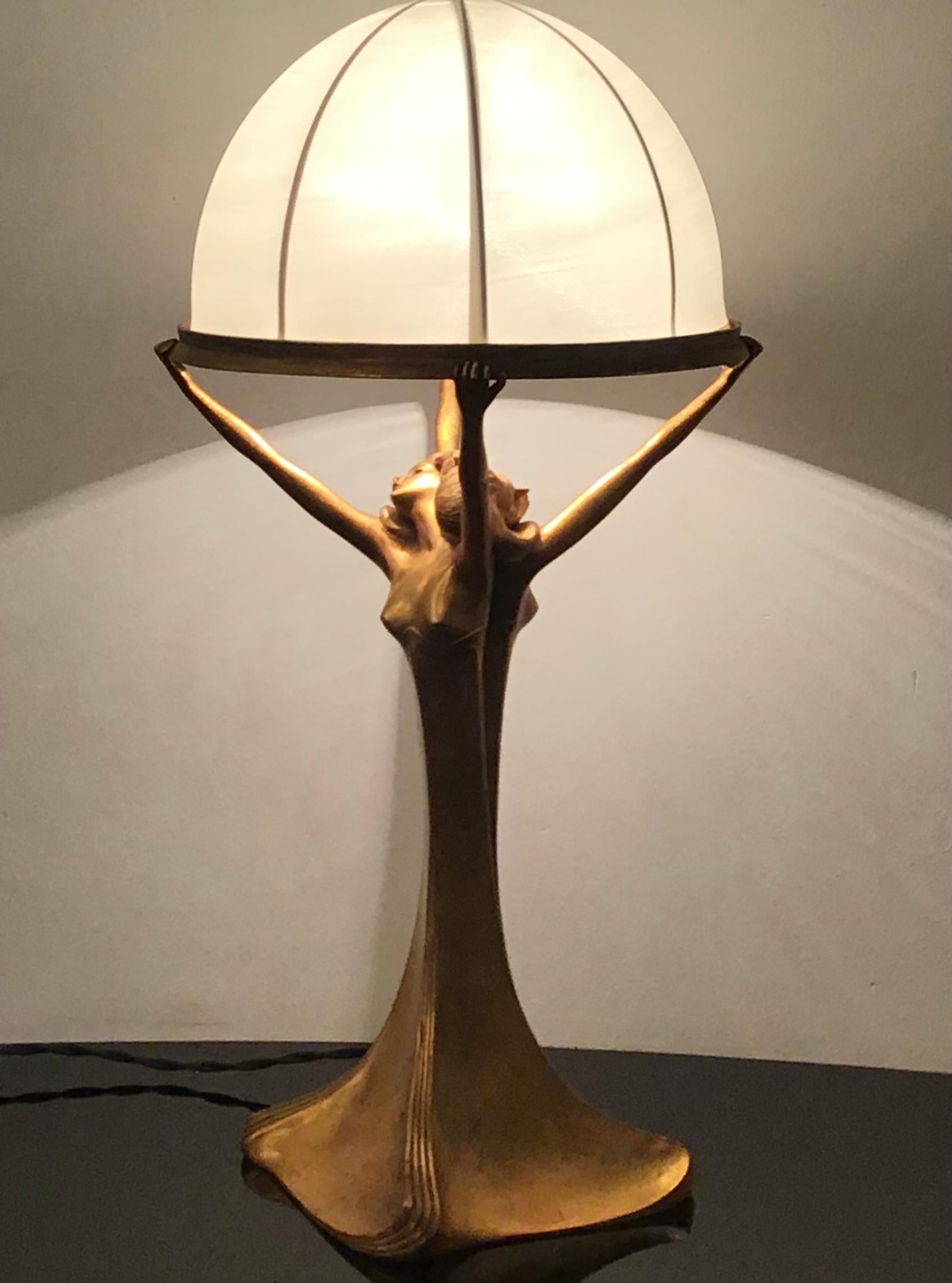 Art Nouveau Lamp Brass Satin Lampshade 1920 Italy For Sale 10