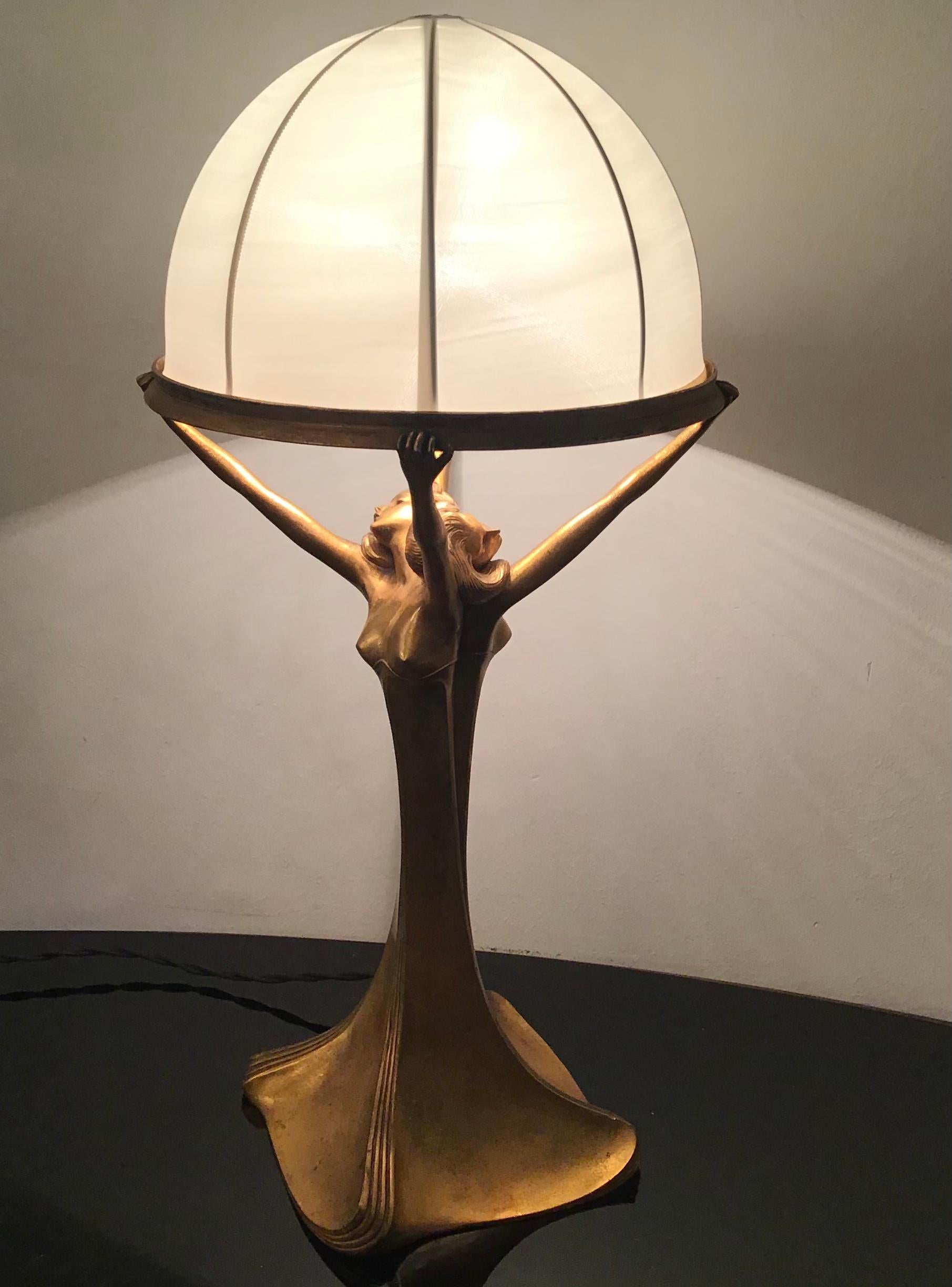Art Nouveau Lamp Brass Satin Lampshade 1920 Italy For Sale 11