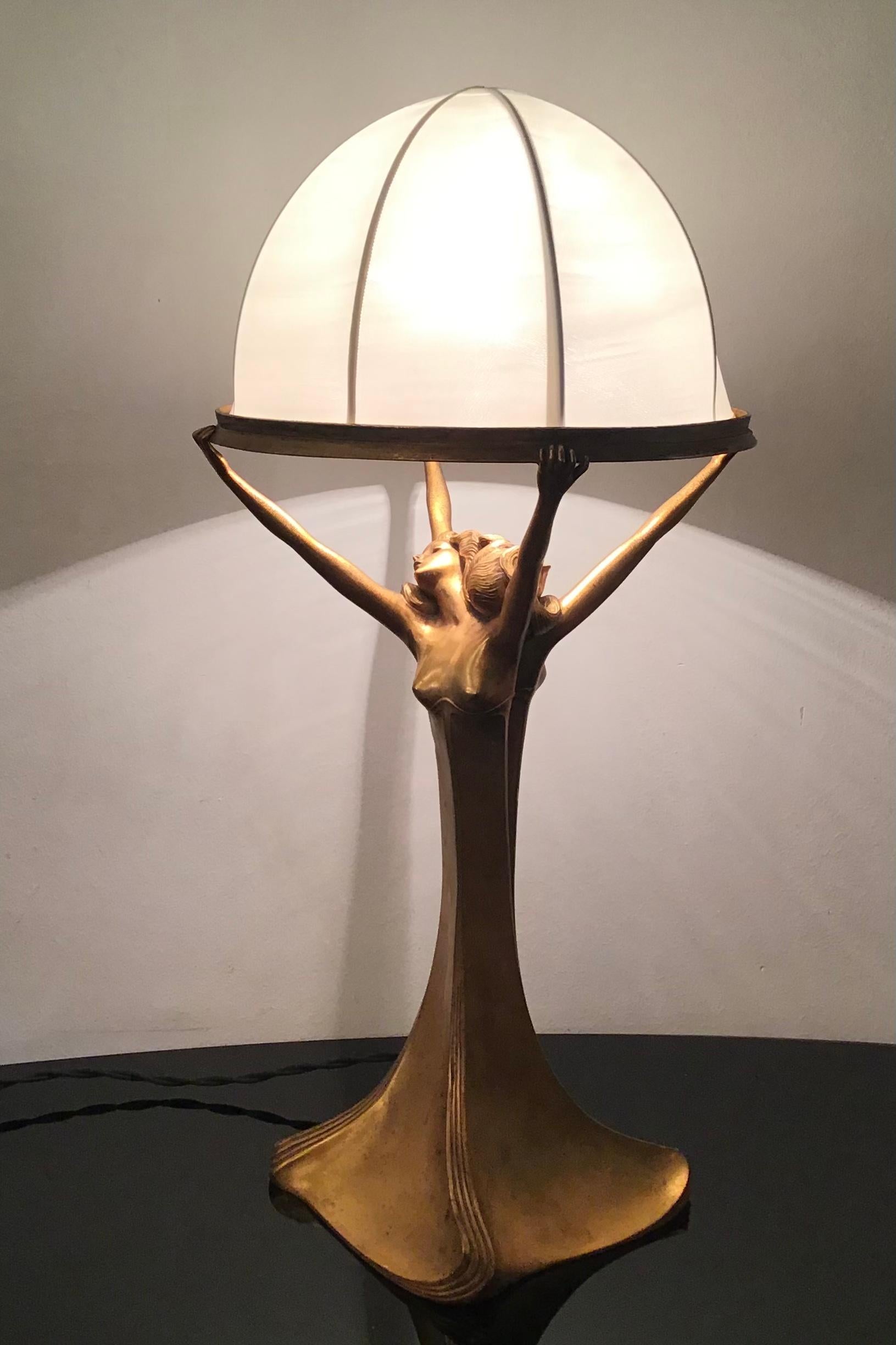 Art Nouveau Lamp Brass Satin Lampshade 1920 Italy For Sale 12