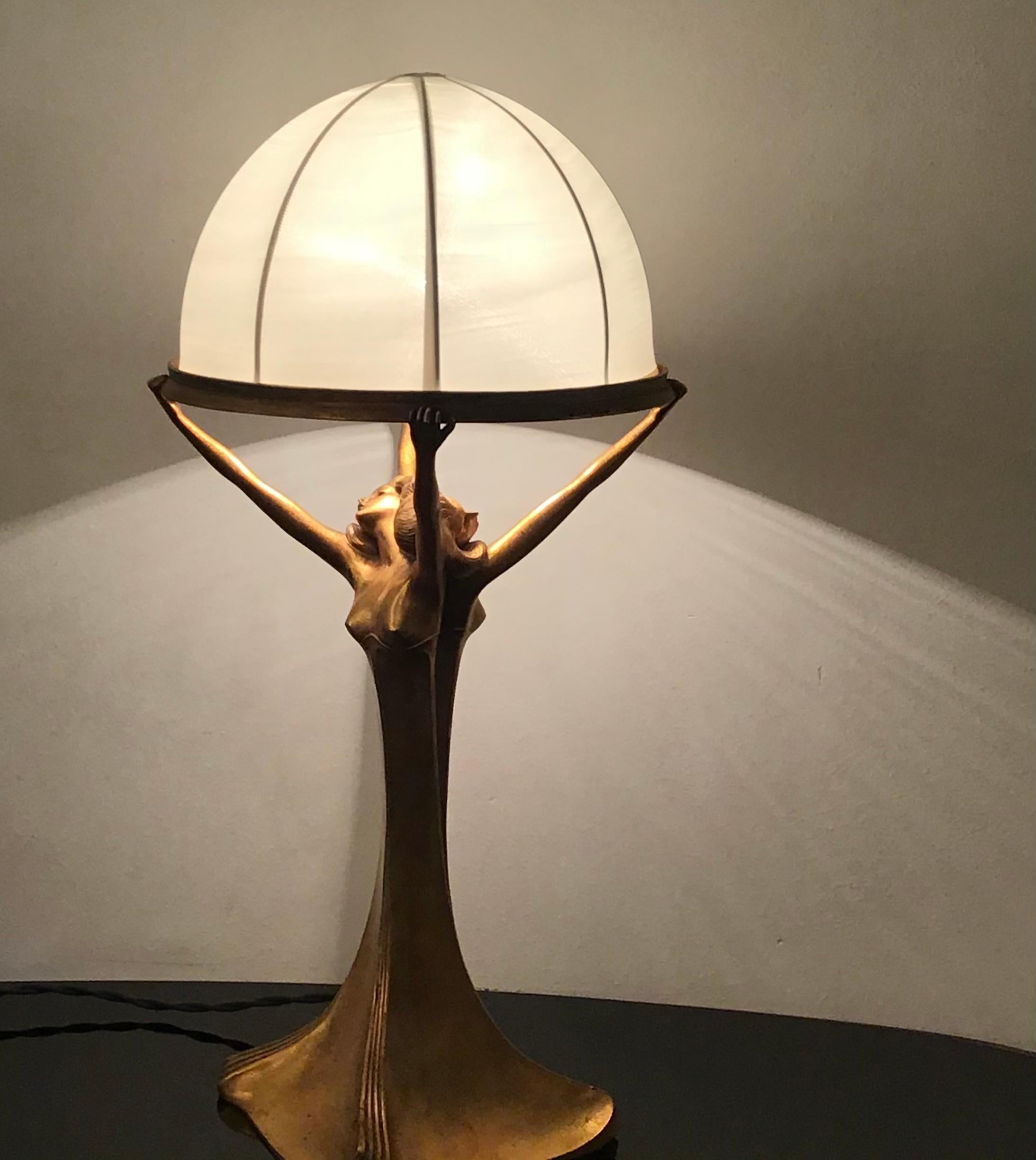 Art Nouveau Lamp Brass Satin Lampshade 1920 Italy For Sale 13