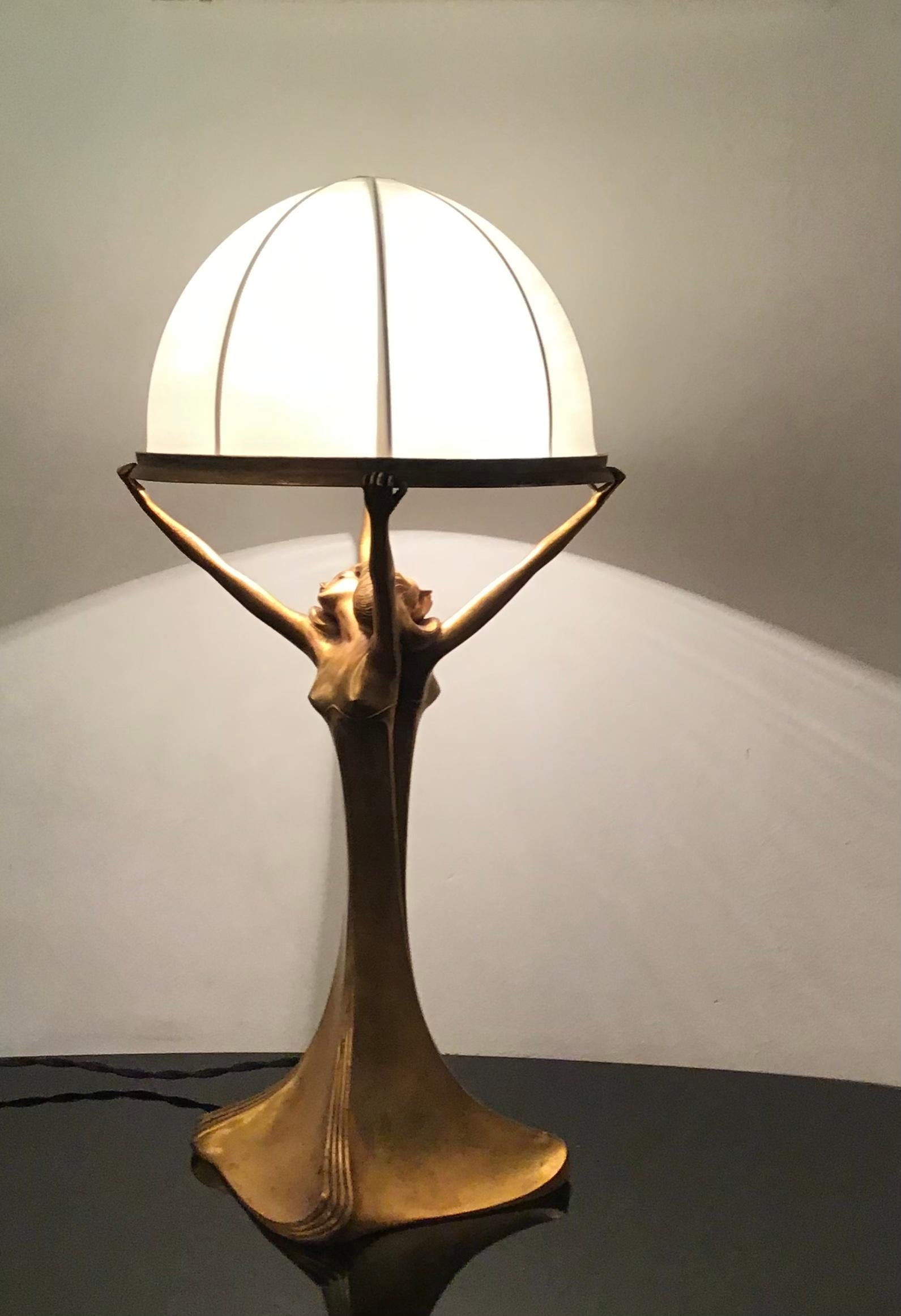 Art Nouveau Lamp Brass Satin Lampshade 1920 Italy For Sale 14