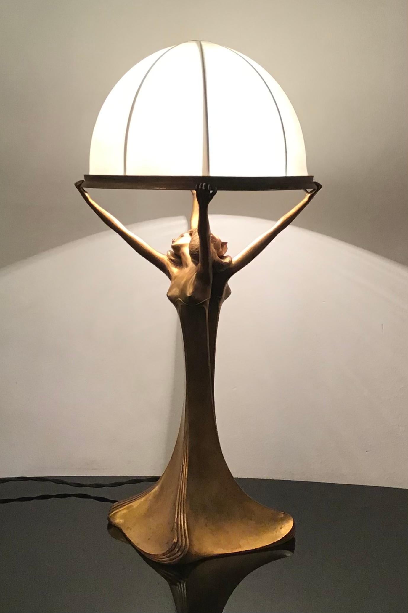 Art Nouveau Lamp Brass Satin Lampshade 1920 Italy For Sale 15