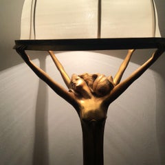 Art Nouveau Lamp Brass Satin Lampshade 1920 Italy