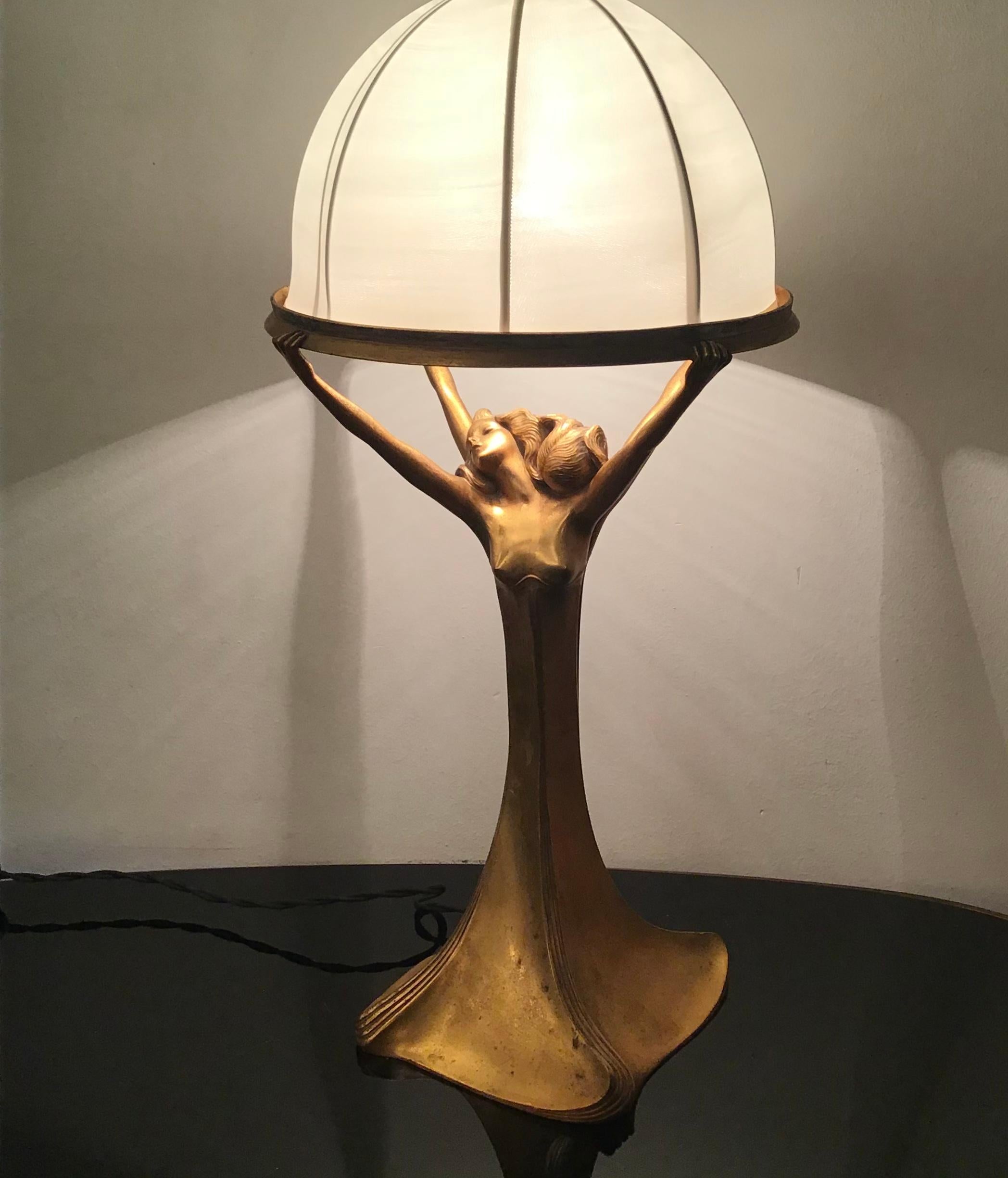 Early 20th Century Art Nouveau Lamp Brass Satin Lampshade 1920 Italy For Sale