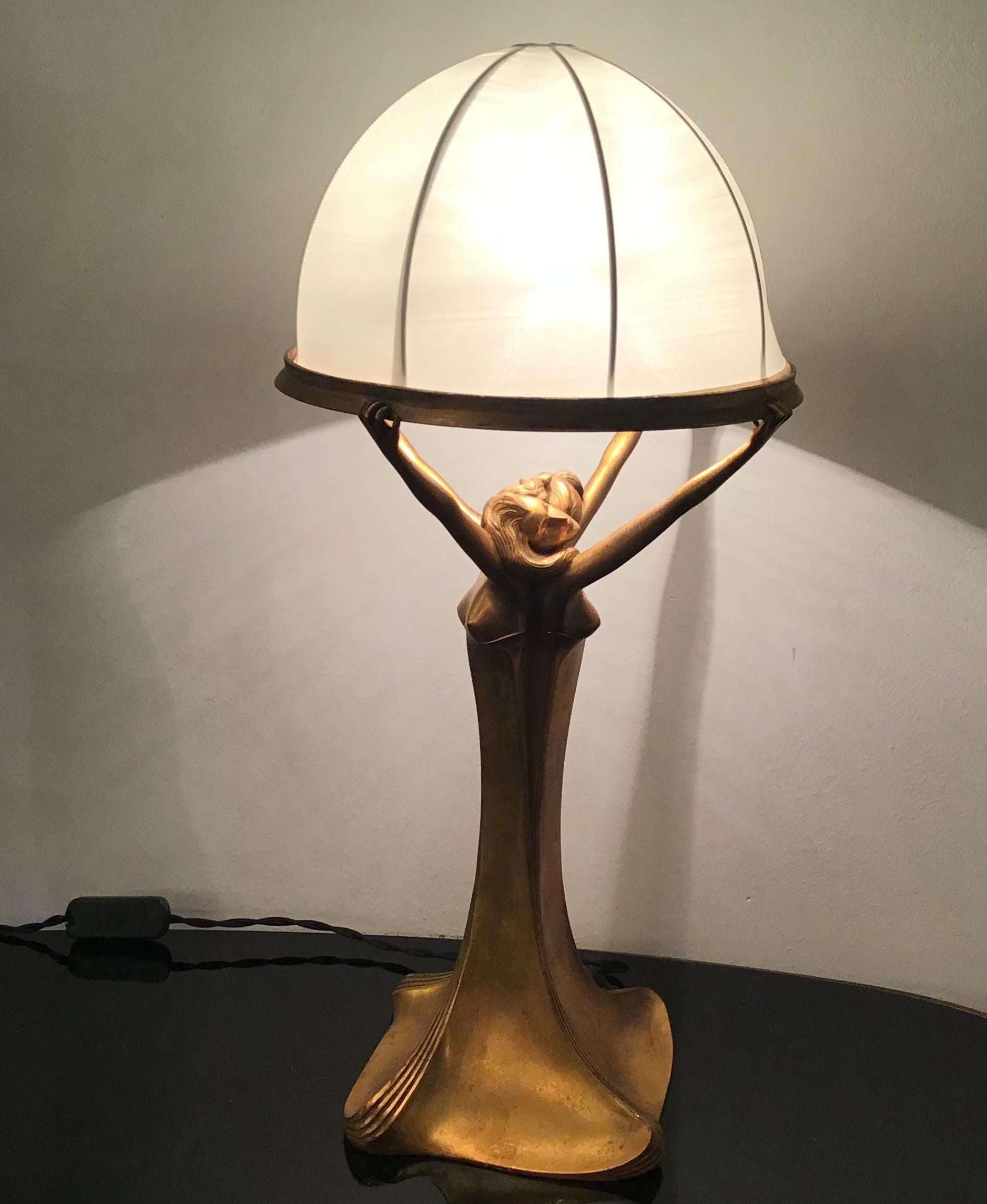 Art Nouveau Lamp Brass Satin Lampshade 1920 Italy For Sale 1