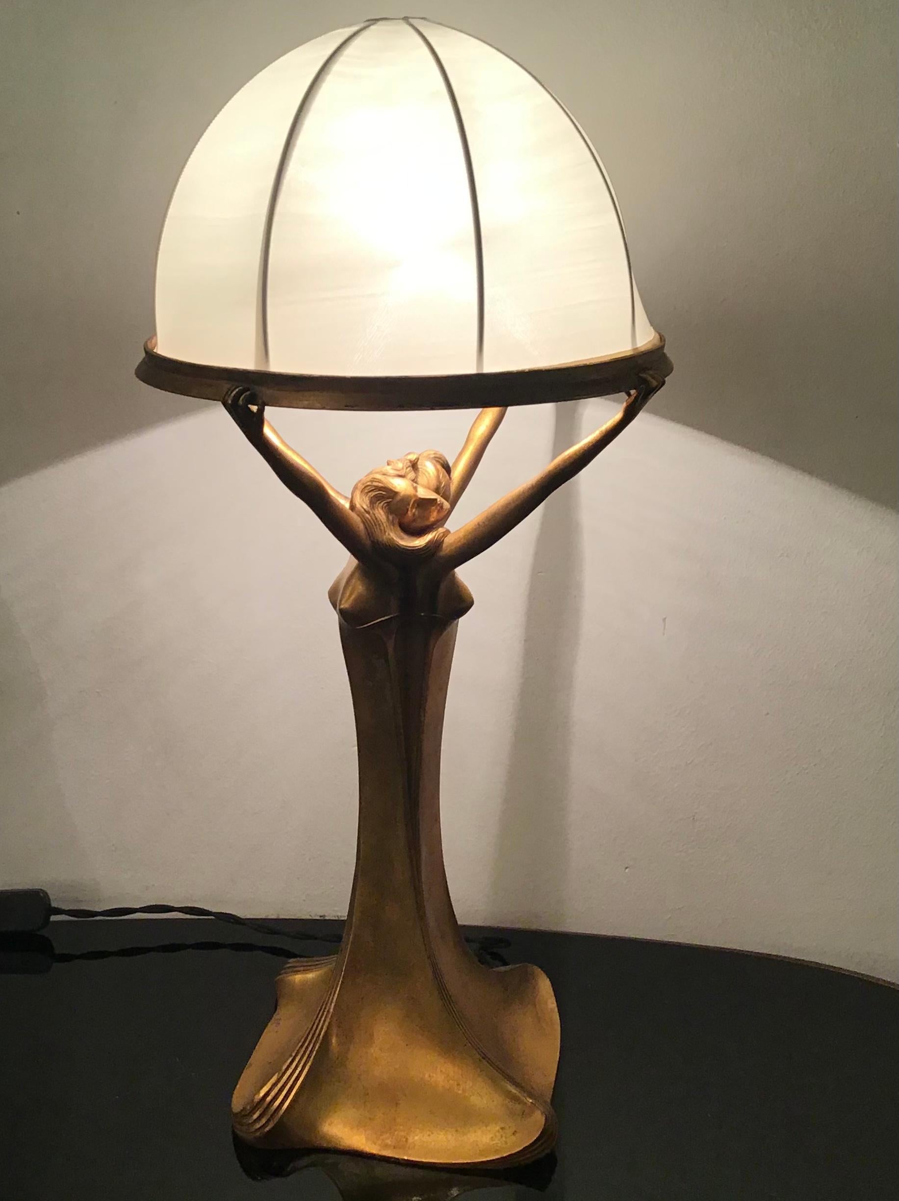 Art Nouveau Lamp Brass Satin Lampshade 1920 Italy For Sale 3