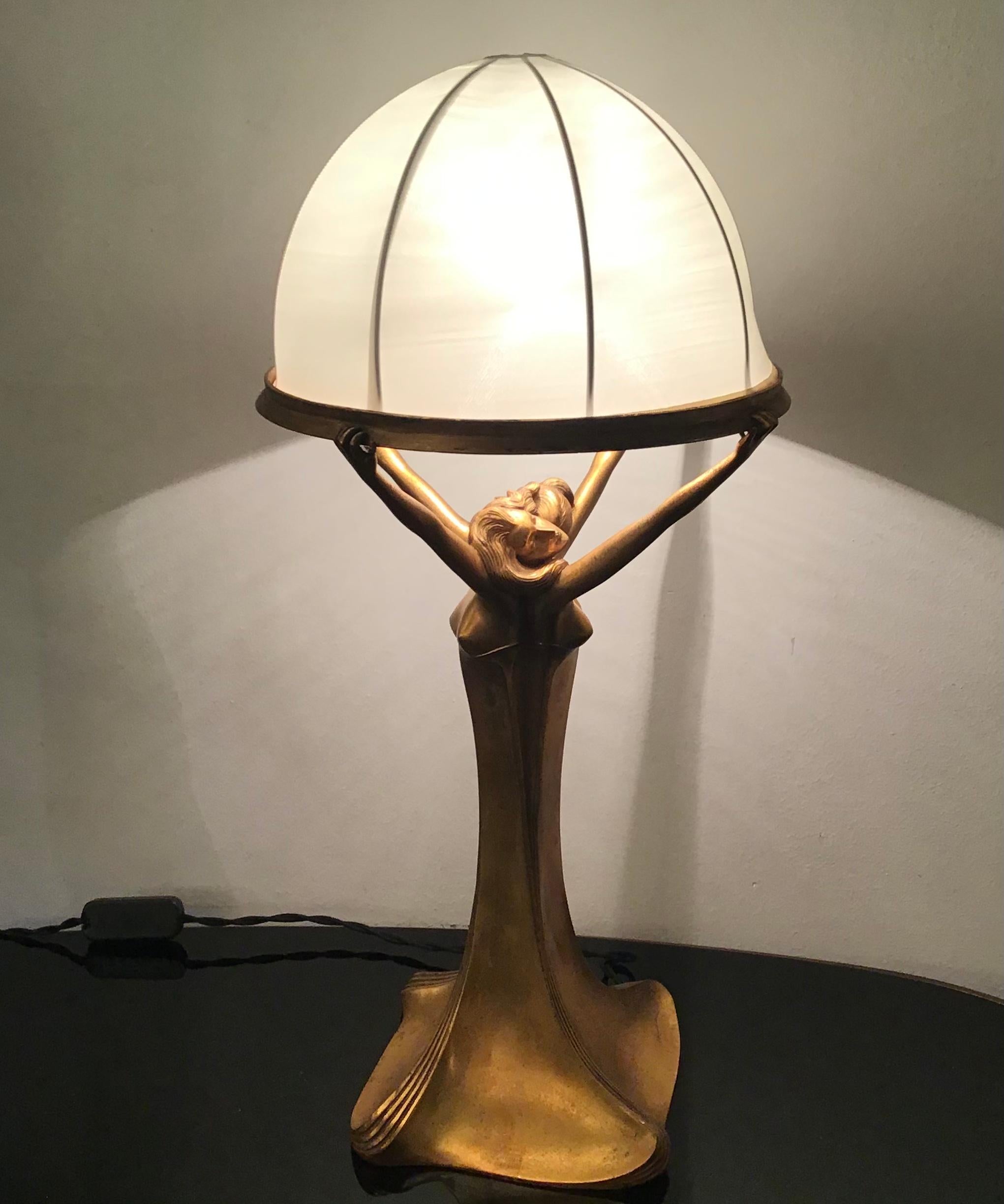 Art Nouveau Lamp Brass Satin Lampshade 1920 Italy For Sale 4