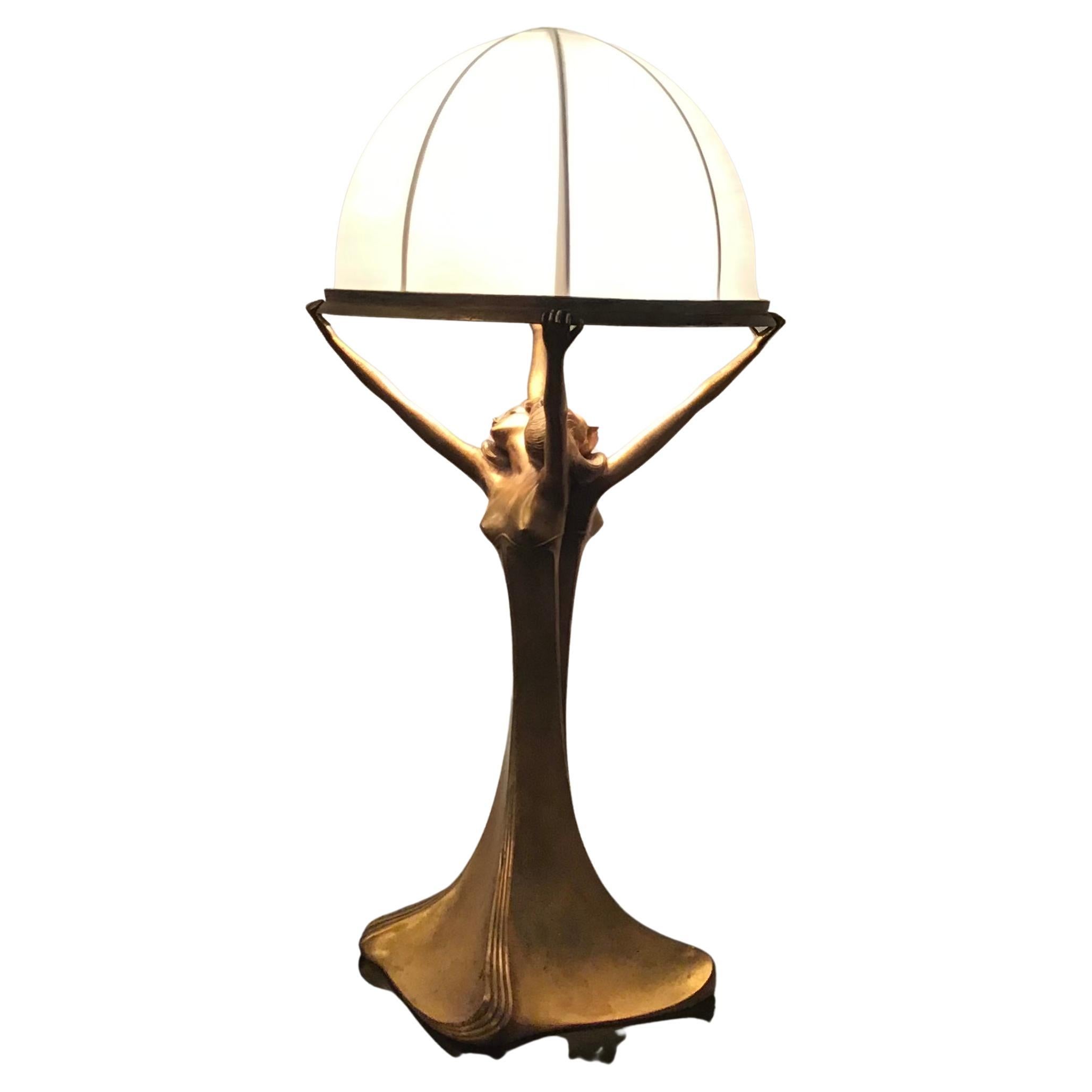 Art Nouveau Lamp Brass Satin Lampshade 1920 Italy