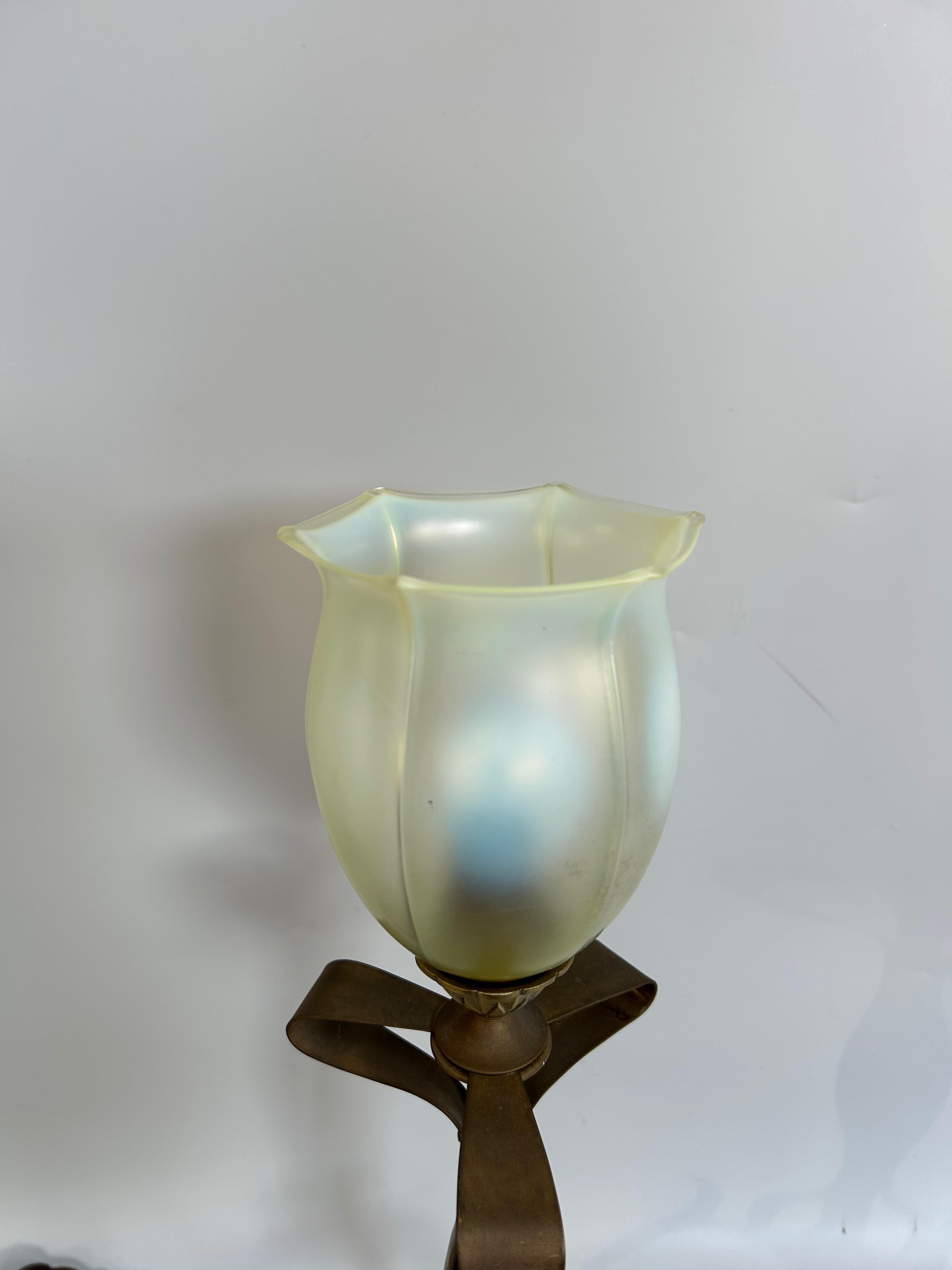 Bronze Art Nouveau lamp in the style of WAS Benson For Sale