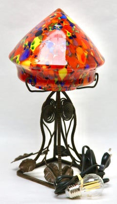 Art Nouveau Lamp in Wrought Iron with Glass Shade Scailmont Belgium 1930s