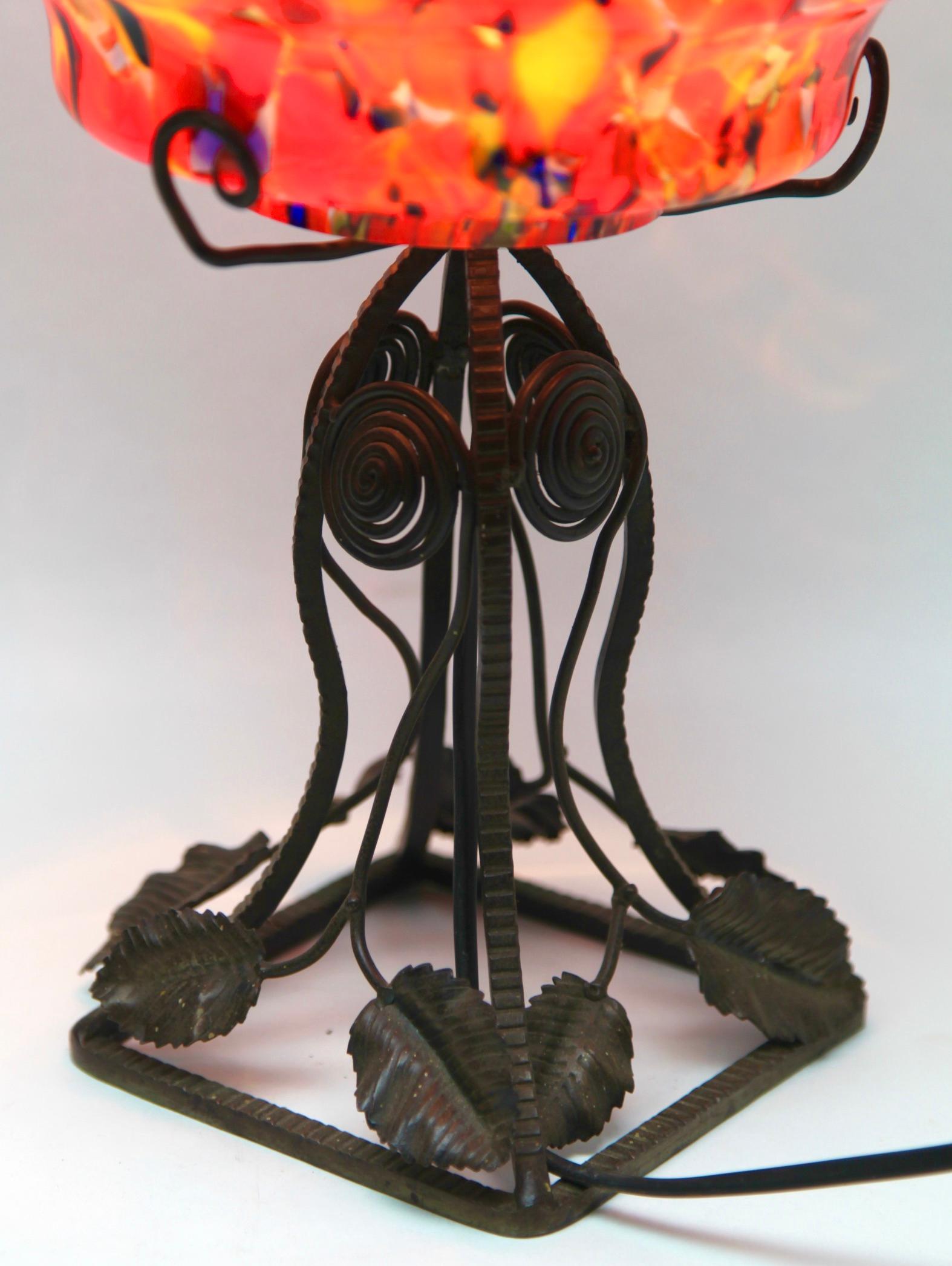 Mid-20th Century Art Nouveau Lamp in Wrought Iron with Glass Shade Scailmont Belgium 1930s For Sale