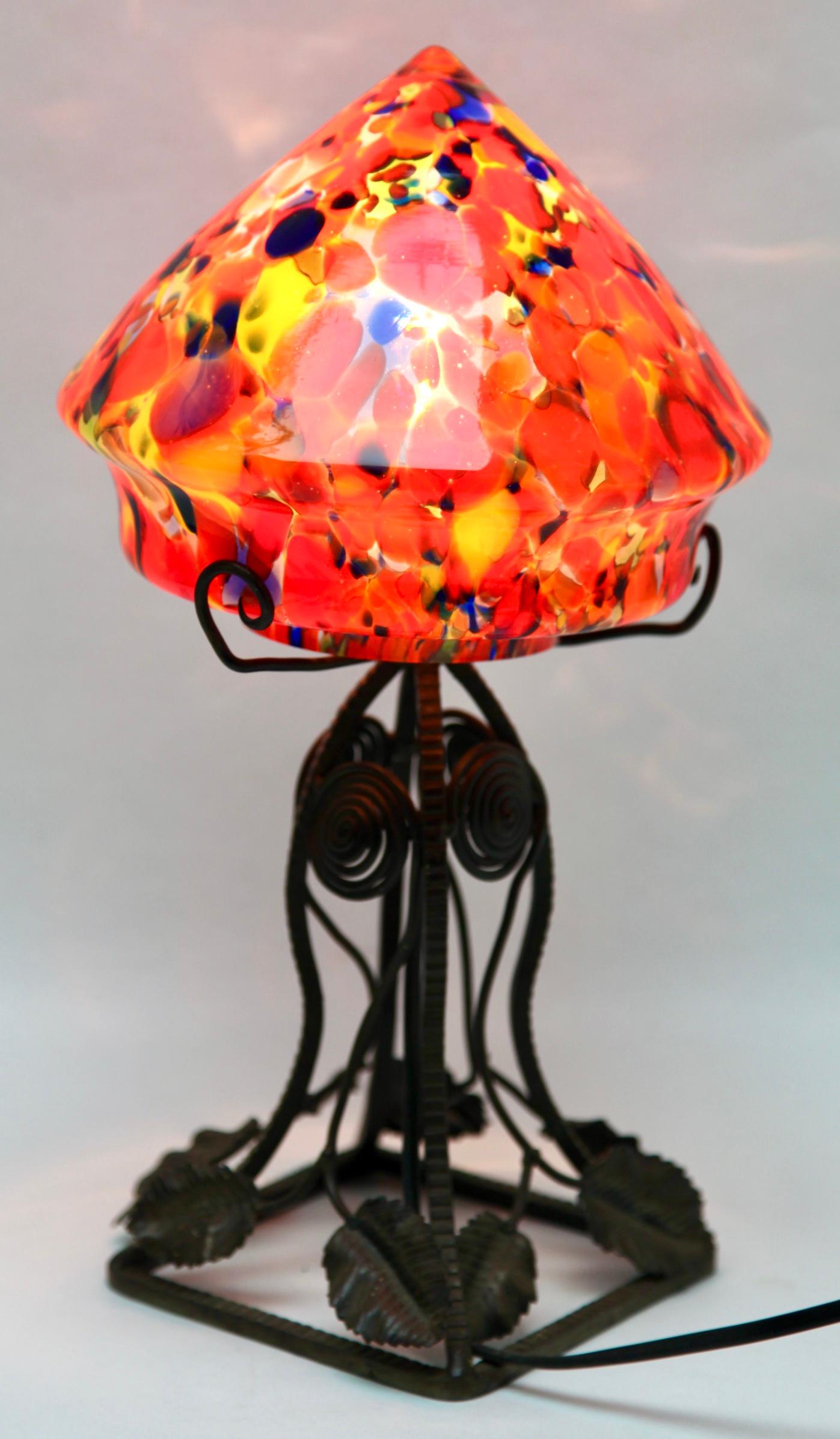 Art Glass Art Nouveau Lamp in Wrought Iron with Glass Shade Scailmont Belgium 1930s For Sale