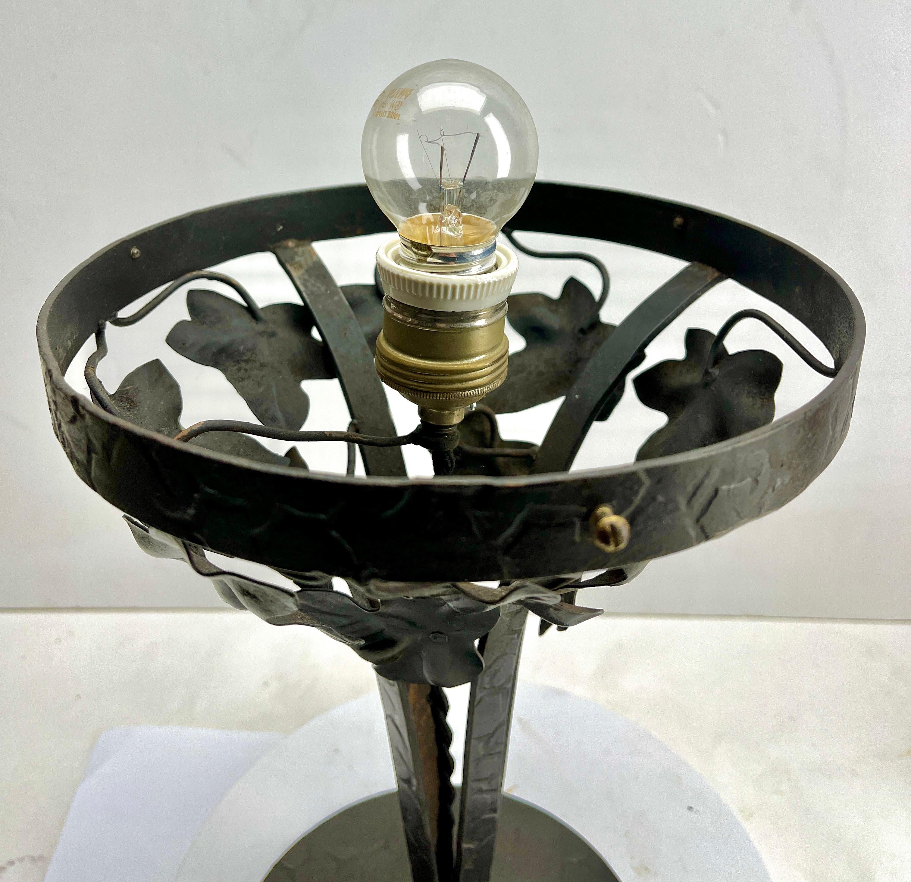 Engraved Art Nouveau Lamp in Wrought Iron with Glass Shade Style of Val Saint Lambert For Sale