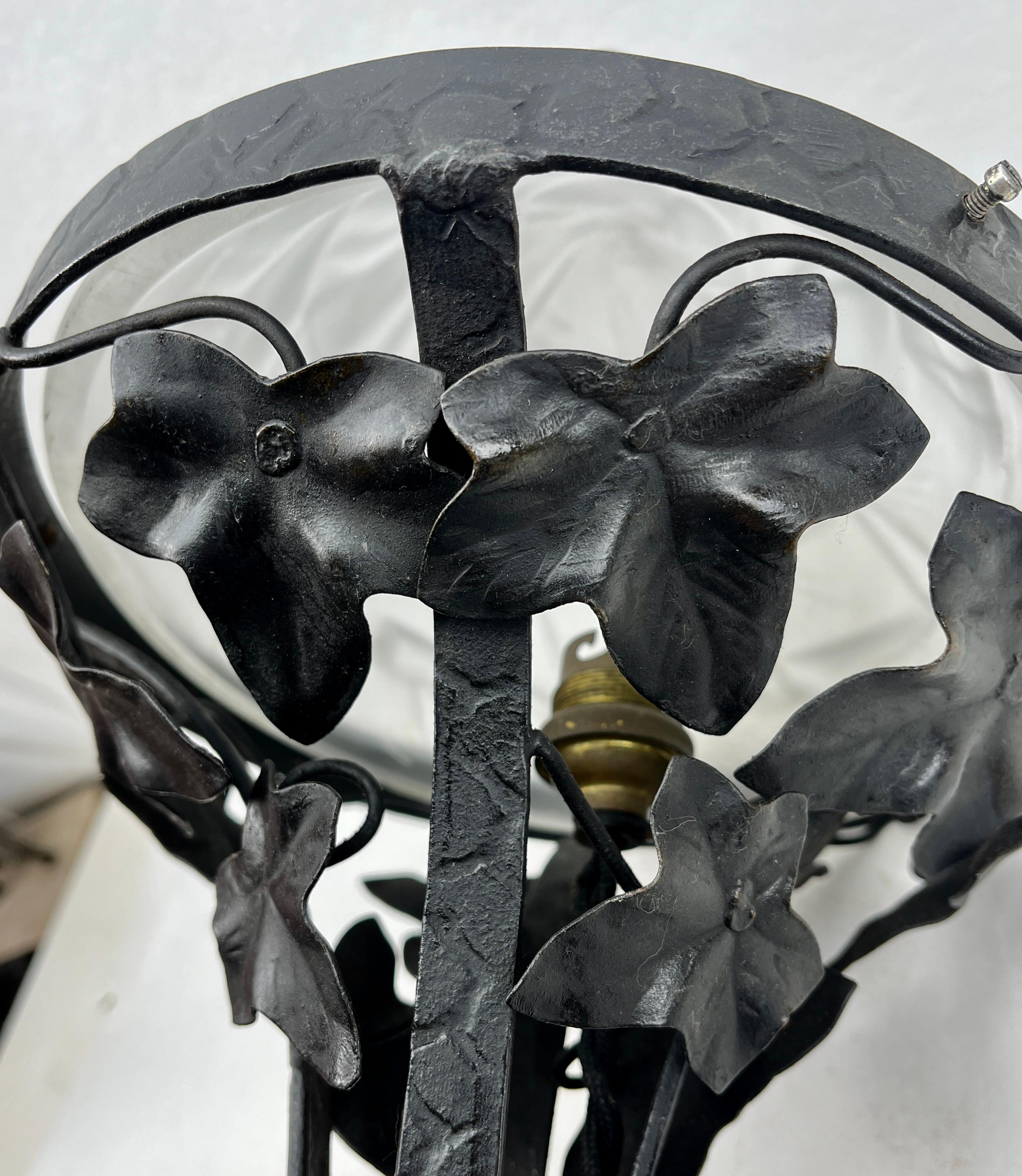 Mid-20th Century Art Nouveau Lamp in Wrought Iron with Glass Shade Style of Val Saint Lambert For Sale