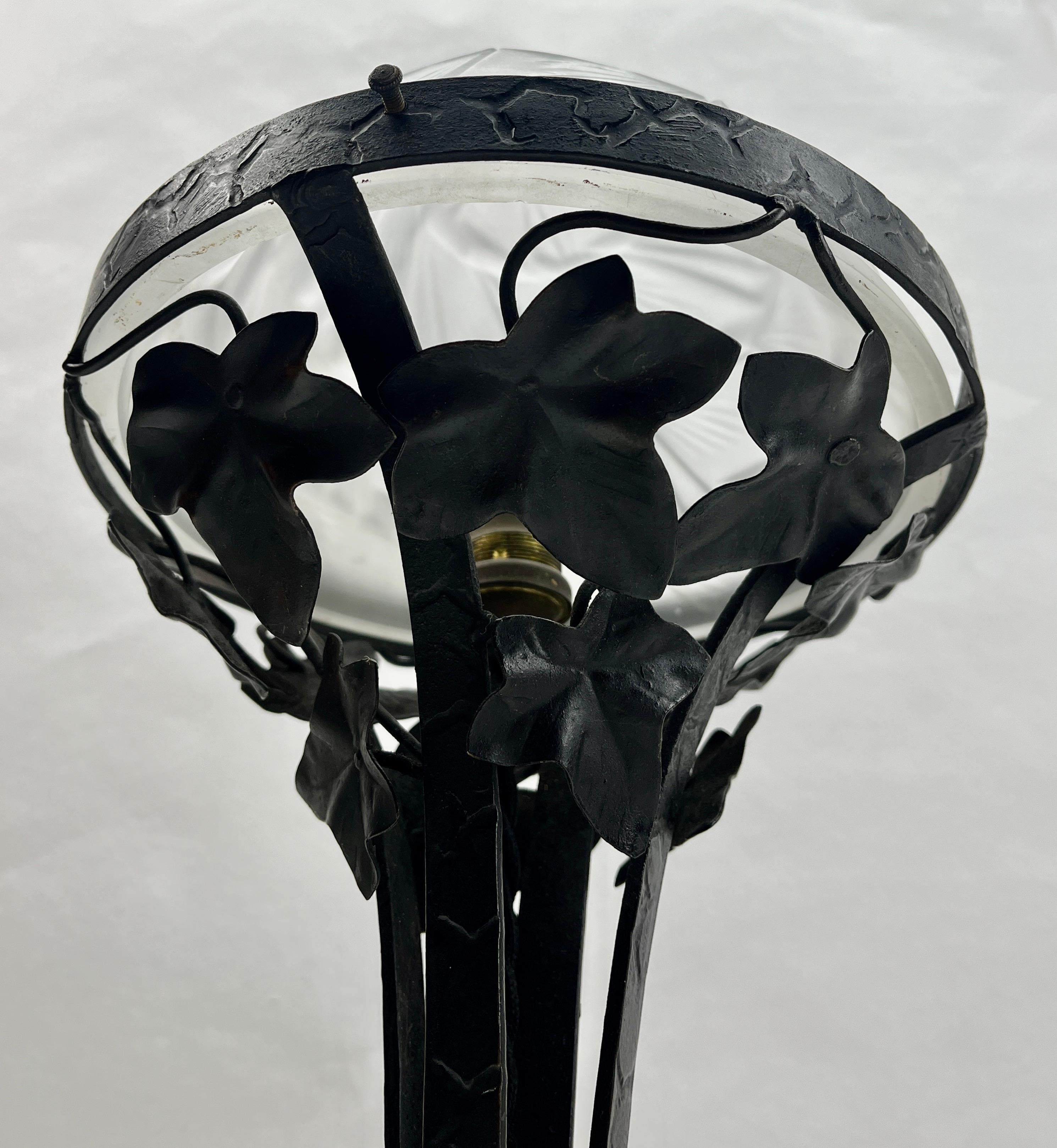 Art Glass Art Nouveau Lamp in Wrought Iron with Glass Shade Style of Val Saint Lambert For Sale