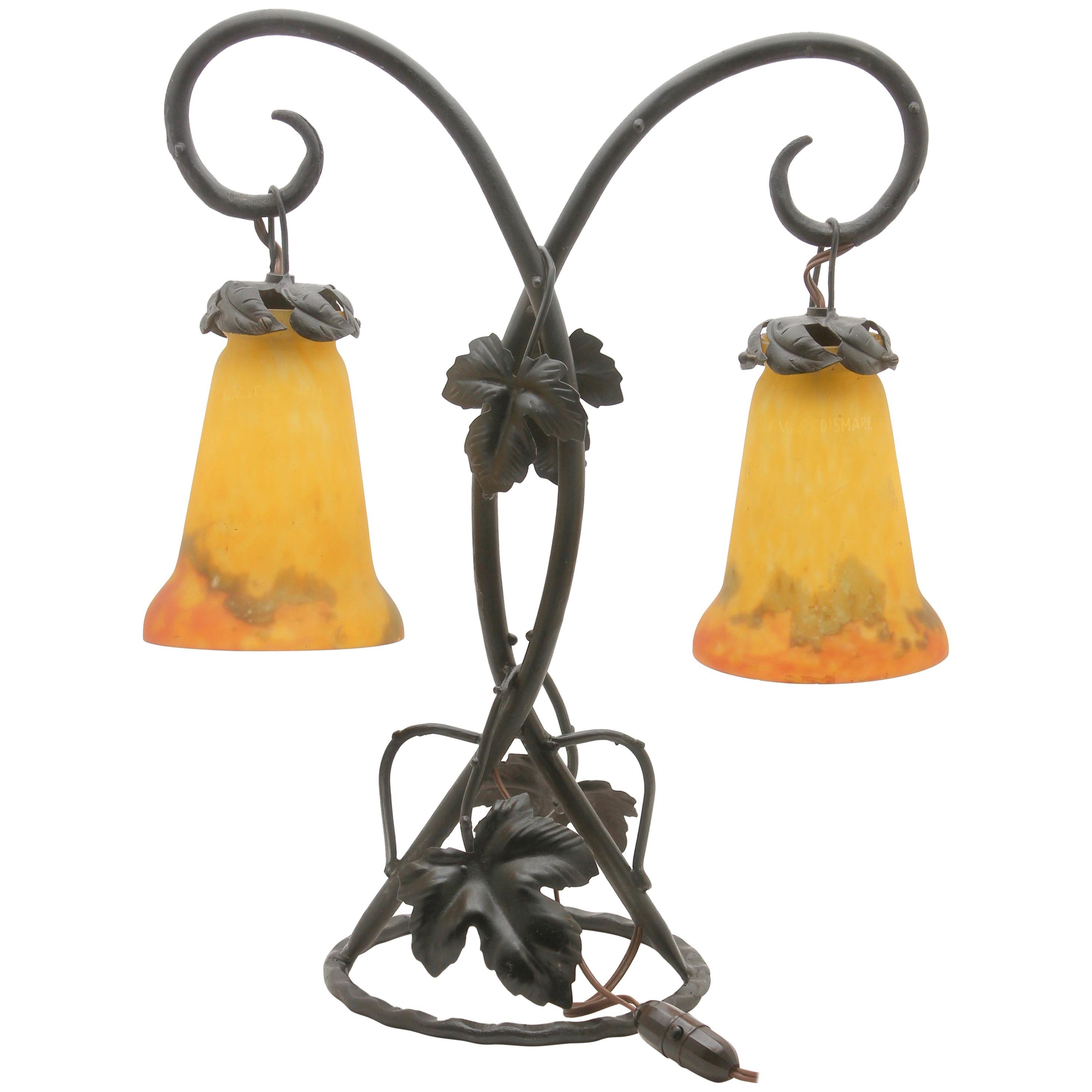 Art Nouveau Lamp in Wrought Iron with Glass Shades Signed by G.V. de Croismarre