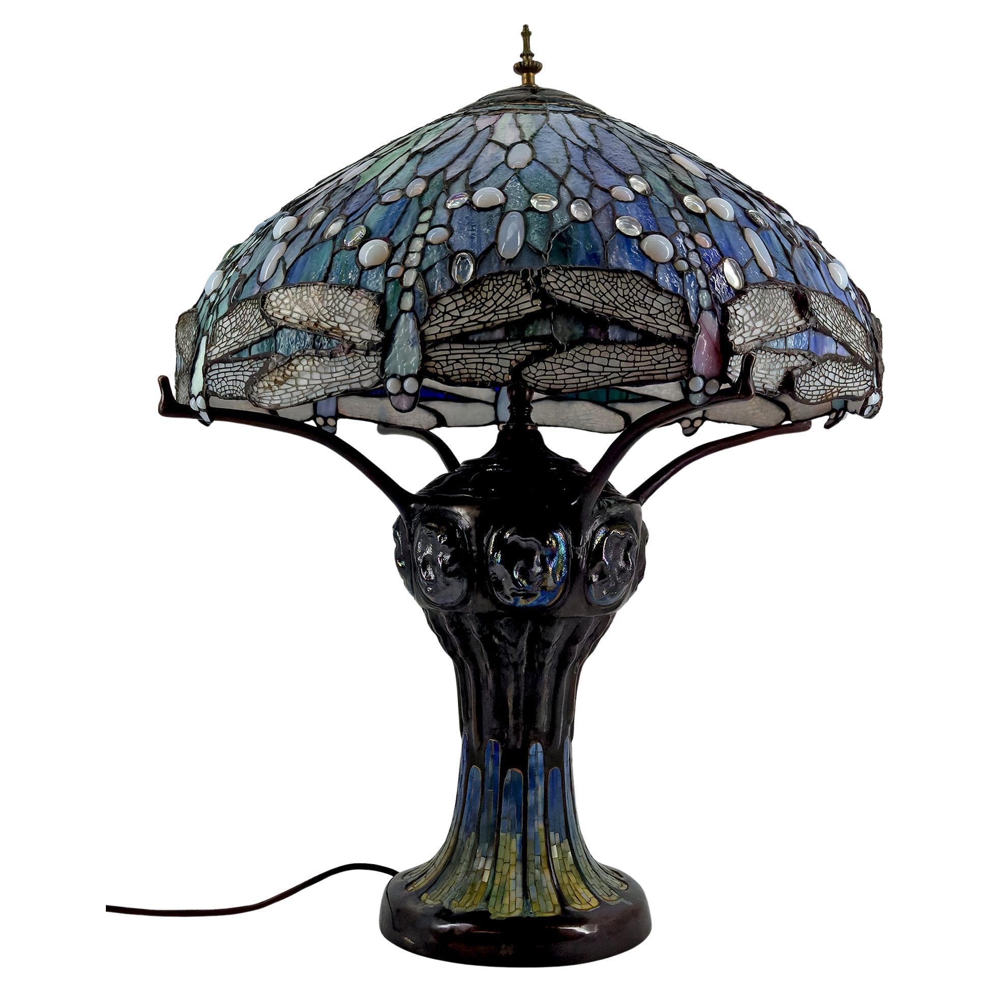 Jugendstillampe, patinierte Bronze und Buntglas, Tiffany-Stil, 1980er Jahre