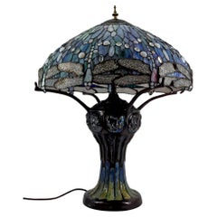 Jugendstillampe, patinierte Bronze und Buntglas, Tiffany-Stil, 1980er Jahre