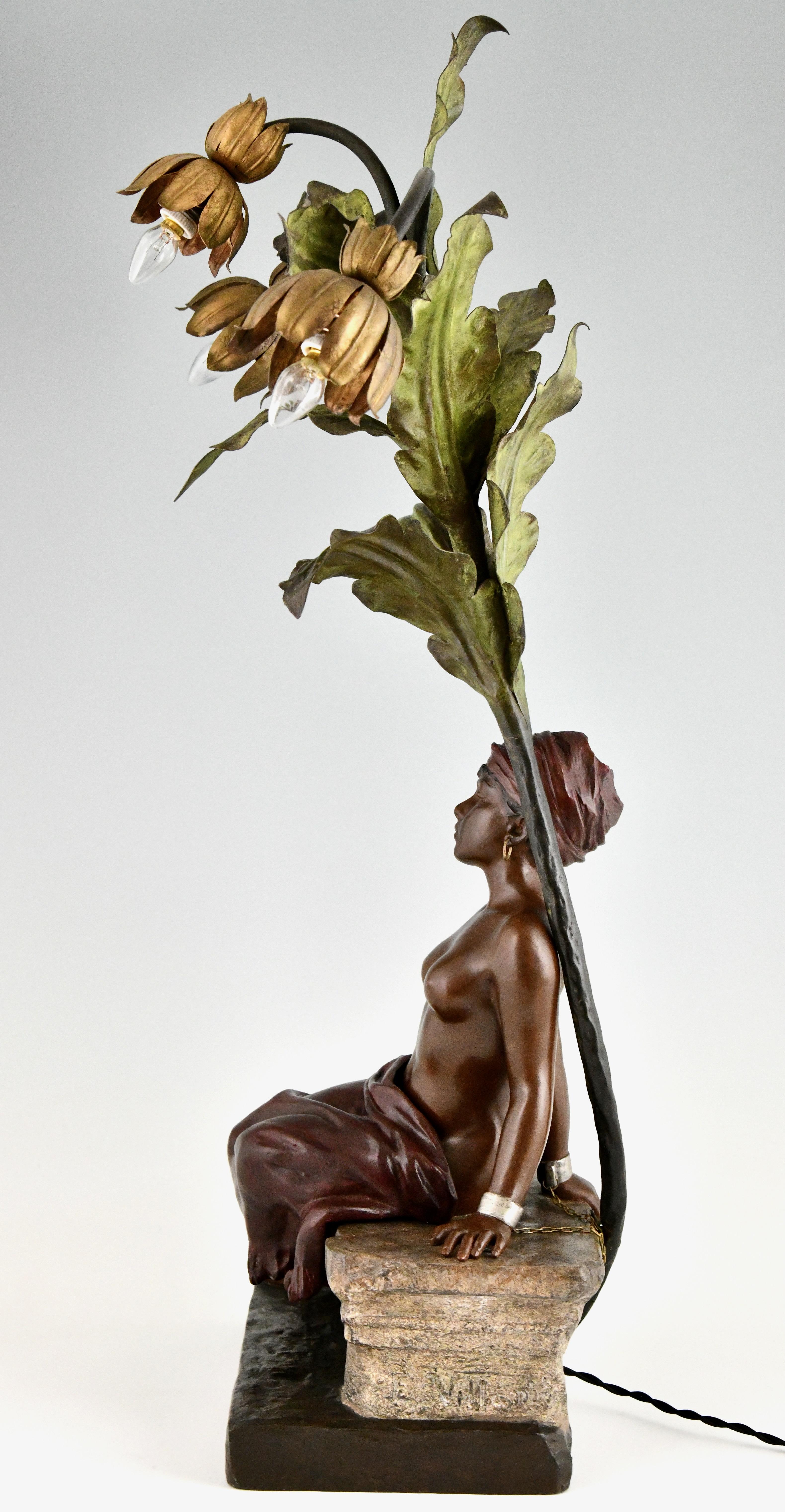 Art Nouveau lamp slave girl under palm tree by Emmanuel Villanis In Good Condition For Sale In Antwerp, BE