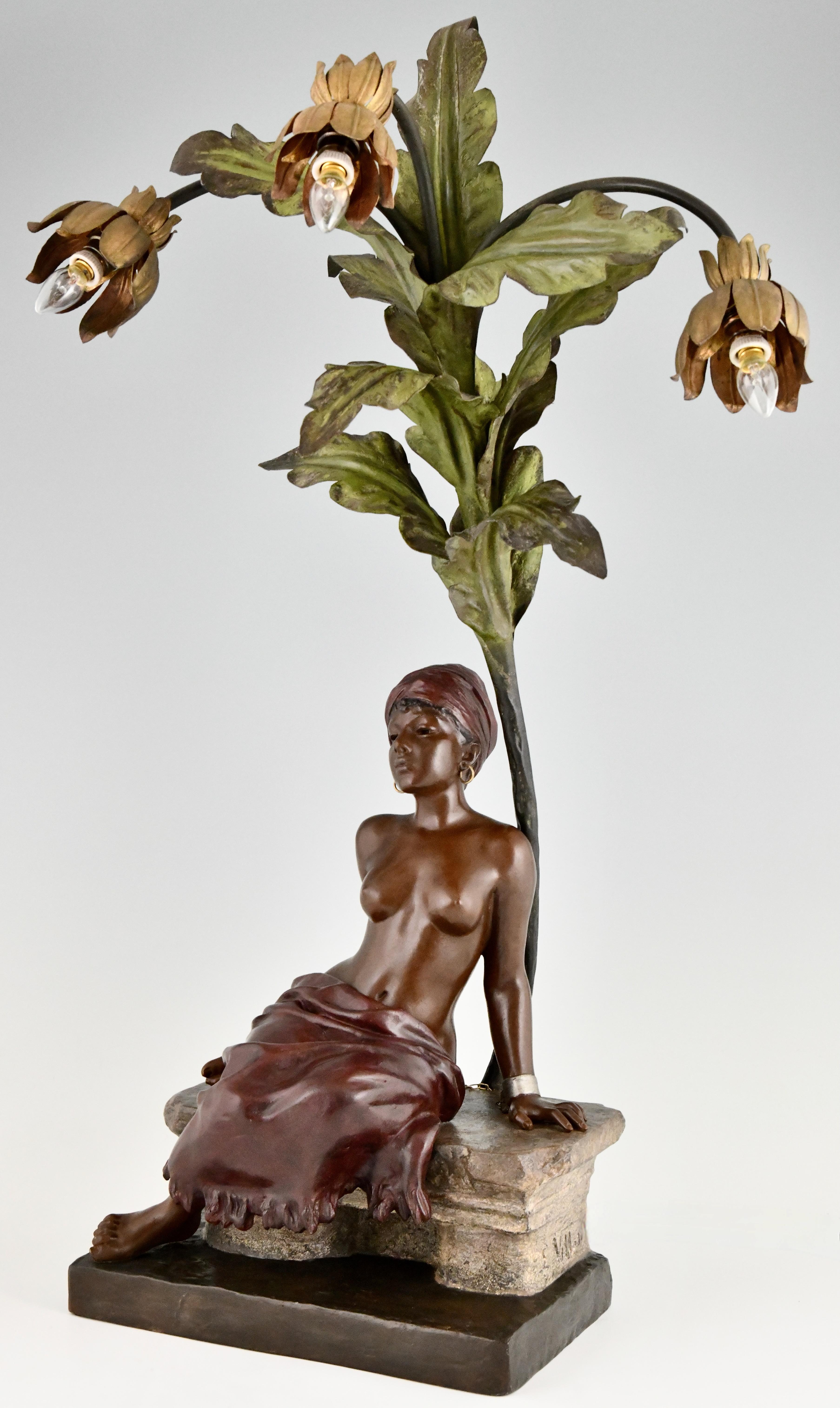 Early 20th Century Art Nouveau lamp slave girl under palm tree by Emmanuel Villanis For Sale