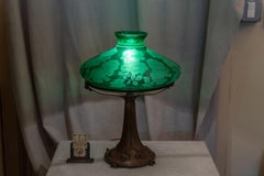 Art Nouveau Lamp with Green Etched Floral Shade and Bronze Base with 4 Frogs