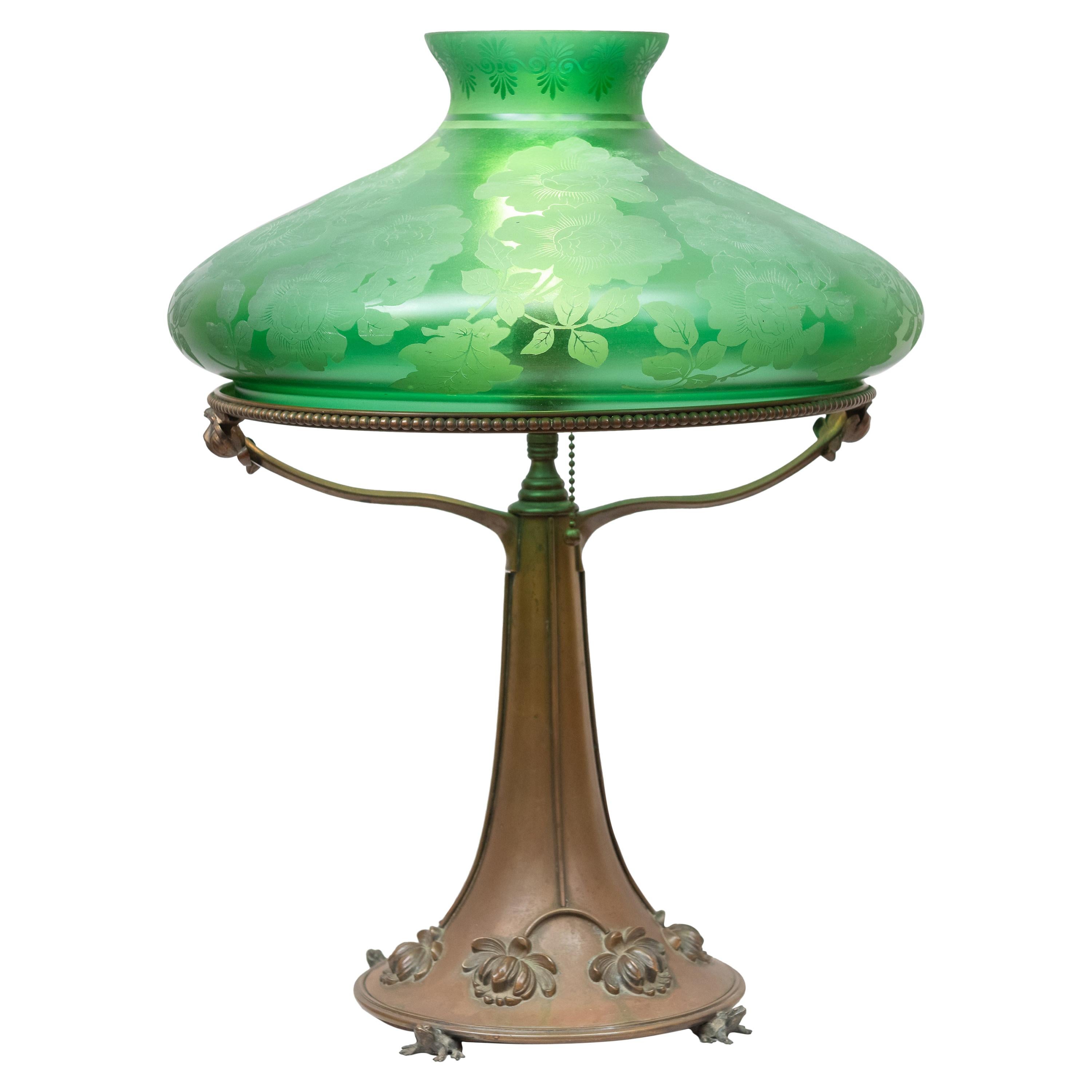 Art Nouveau Lamp with Green Etched Floral Shade and Bronze Base with 4 Frogs