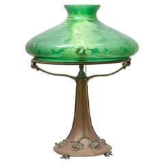 Antique Art Nouveau Lamp with Green Etched Floral Shade and Bronze Base with 4 Frogs