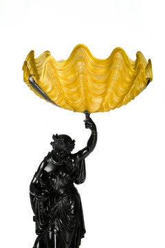 Art Nouveau Lamp With Woman and Yellow Glass, 20th Century