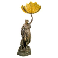 Lampada Art Nouveau con donna e vetro giallo, 20° secolo