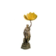 Art Nouveau Lamp With Woman and Yellow Glass, 20th Century