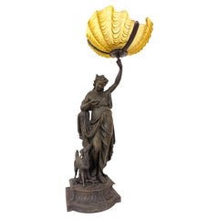 Art Nouveau Lamp With Woman and Yellow Glass, Belle Époque, 20th Century