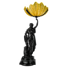 Art Nouveau Lamp With Woman and Yellow Glass, 20th Century