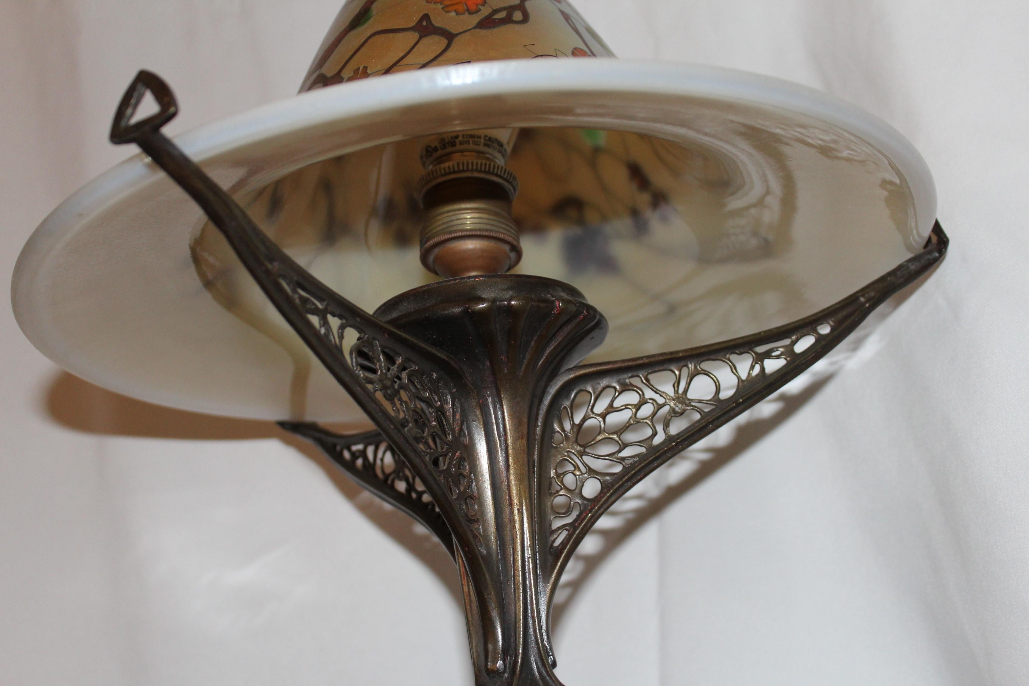 Late 20th Century Art Nouveau Lamp, Art Glass Shade, Bronze Casting, after Louis Majorelle For Sale