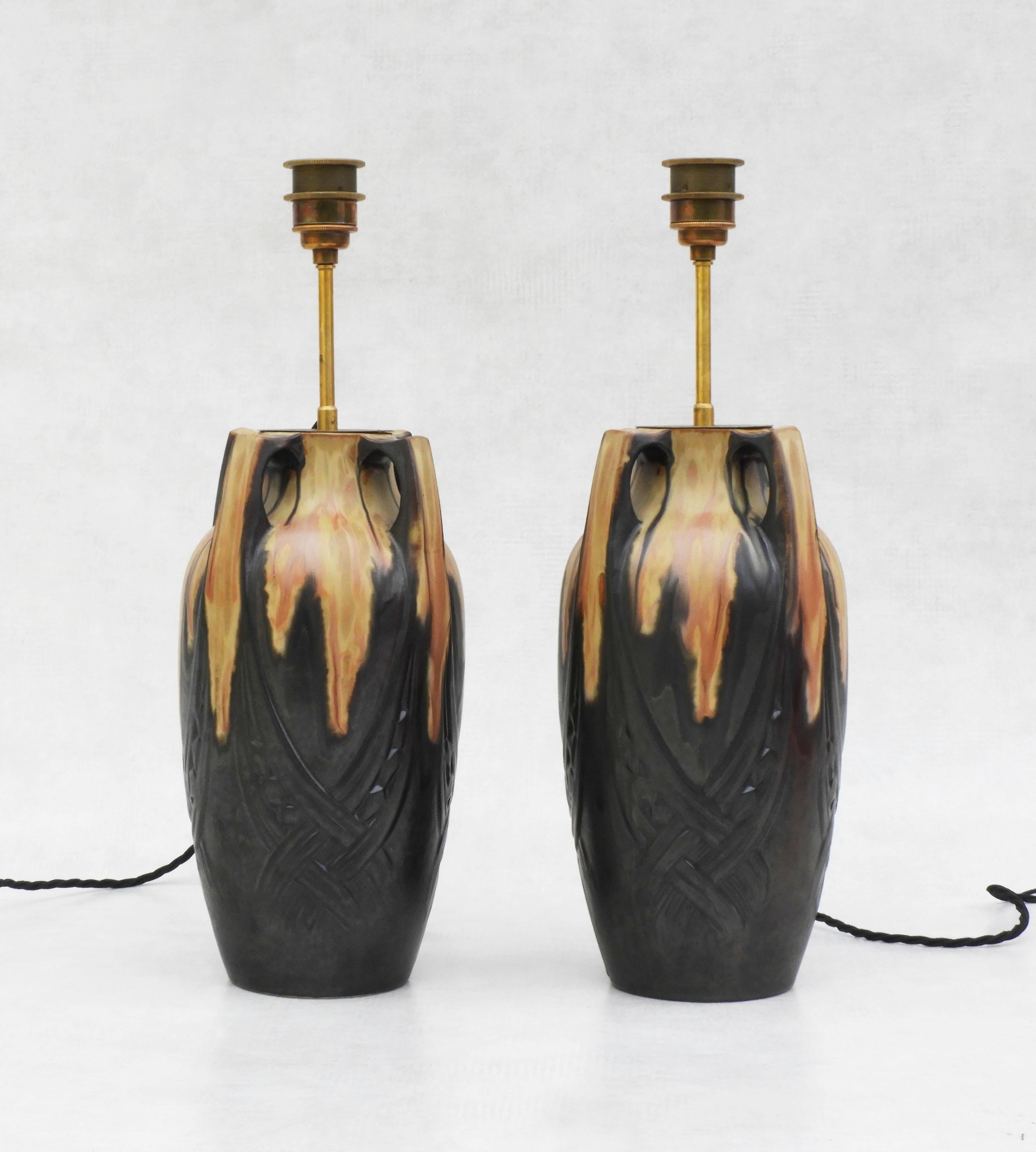 Glazed Pair of Art Nouveau Lamps by Denbac, France, C1910  For Sale