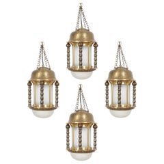 Art Nouveau Lantern Pendant Lamps Brass Opal Glass, circa 1910