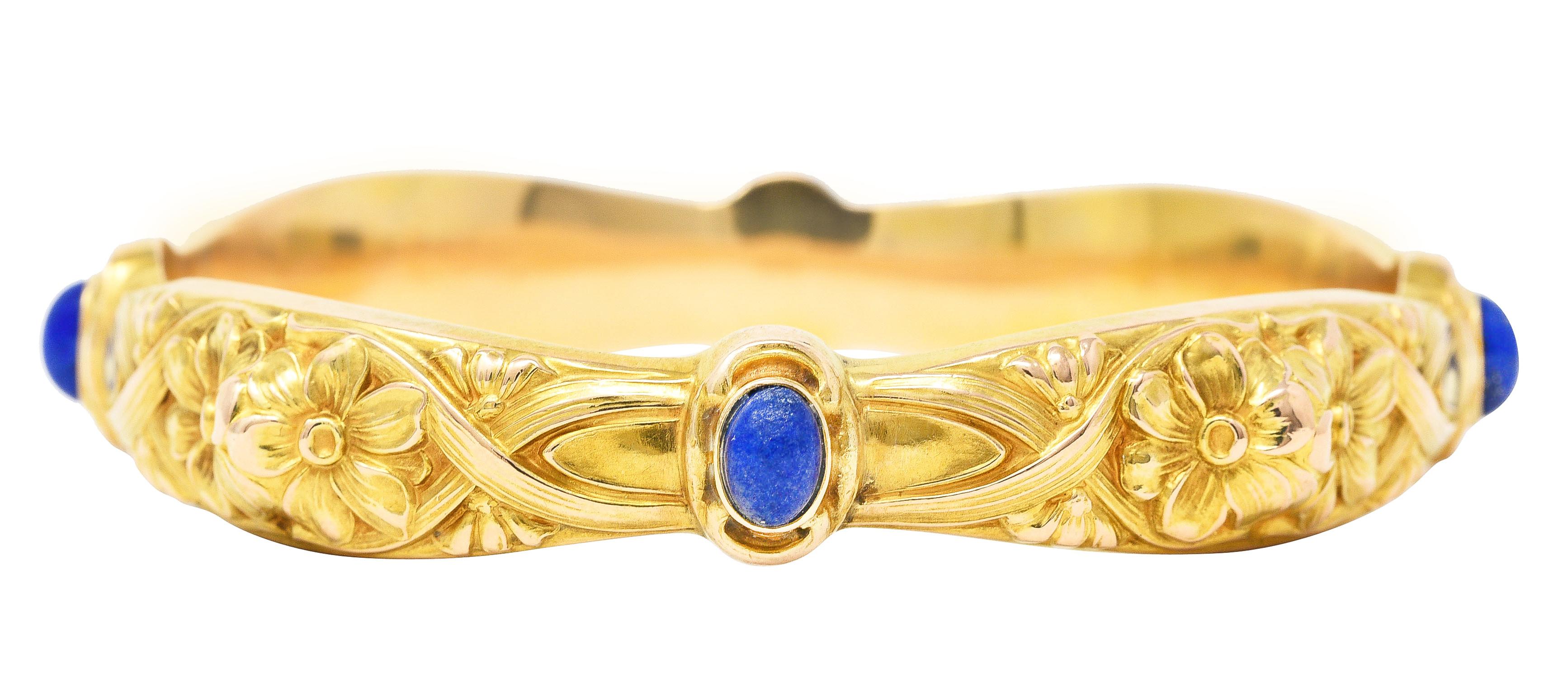 Art Nouveau Lapis Lazuli 14 Karat Yellow Gold Daisy Floral Antique Bracelet In Excellent Condition In Philadelphia, PA