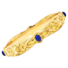 Art Nouveau Lapis Lazuli 14 Karat Yellow Gold Daisy Floral Antique Bracelet