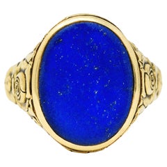 Art Nouveau Lapis Lazuli 14 Karat Yellow Gold Floral Unisex Signet Ring