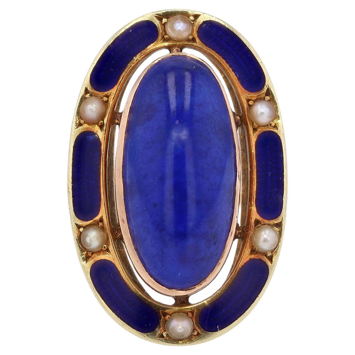 Art Nouveau Lapis Lazuli & Enamel 14k Gold Cocktail Ring For Sale