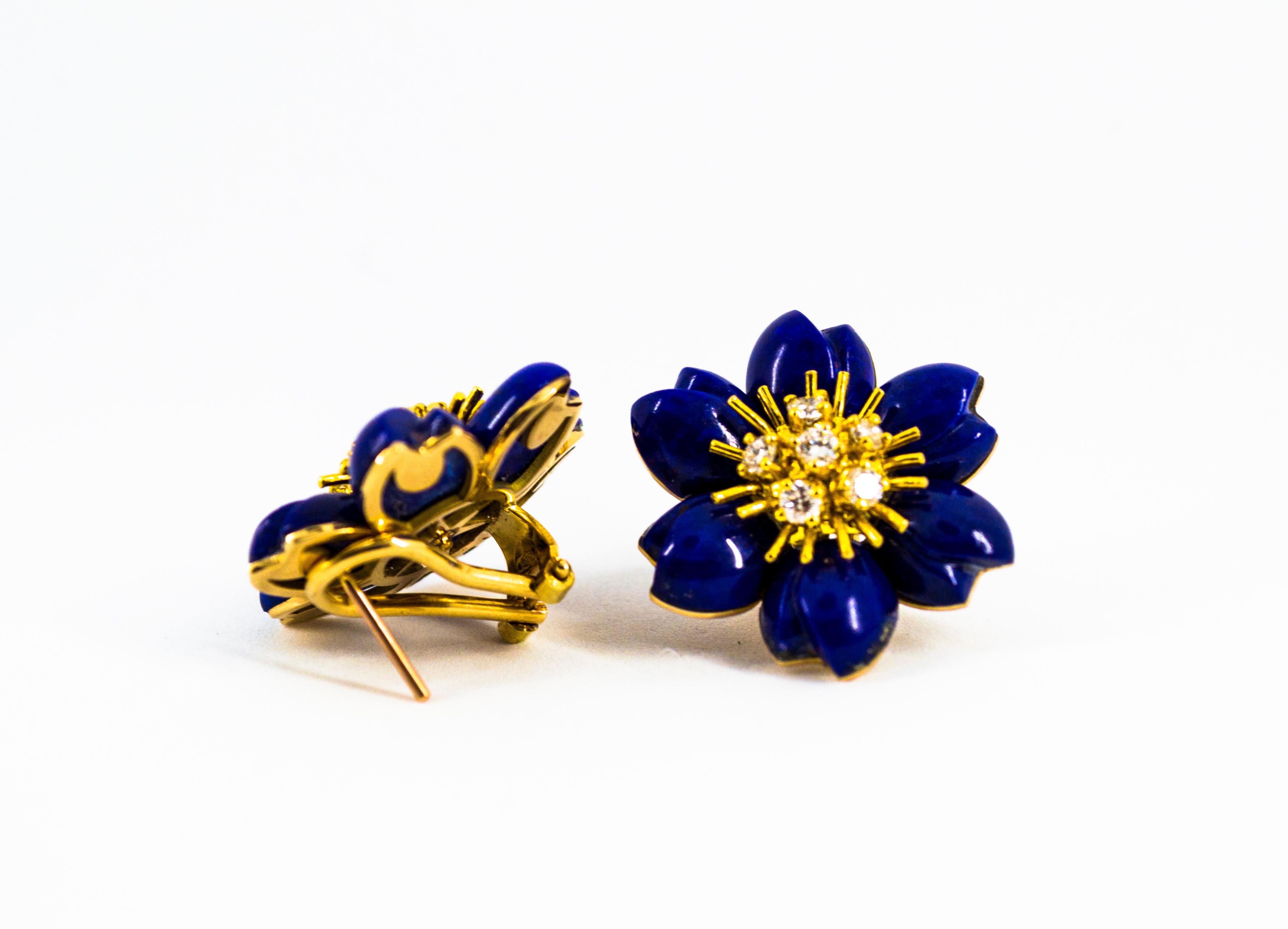 Art Nouveau Lapis Lazuli White Diamond Yellow Gold Clip-On Flowers Earrings For Sale 5