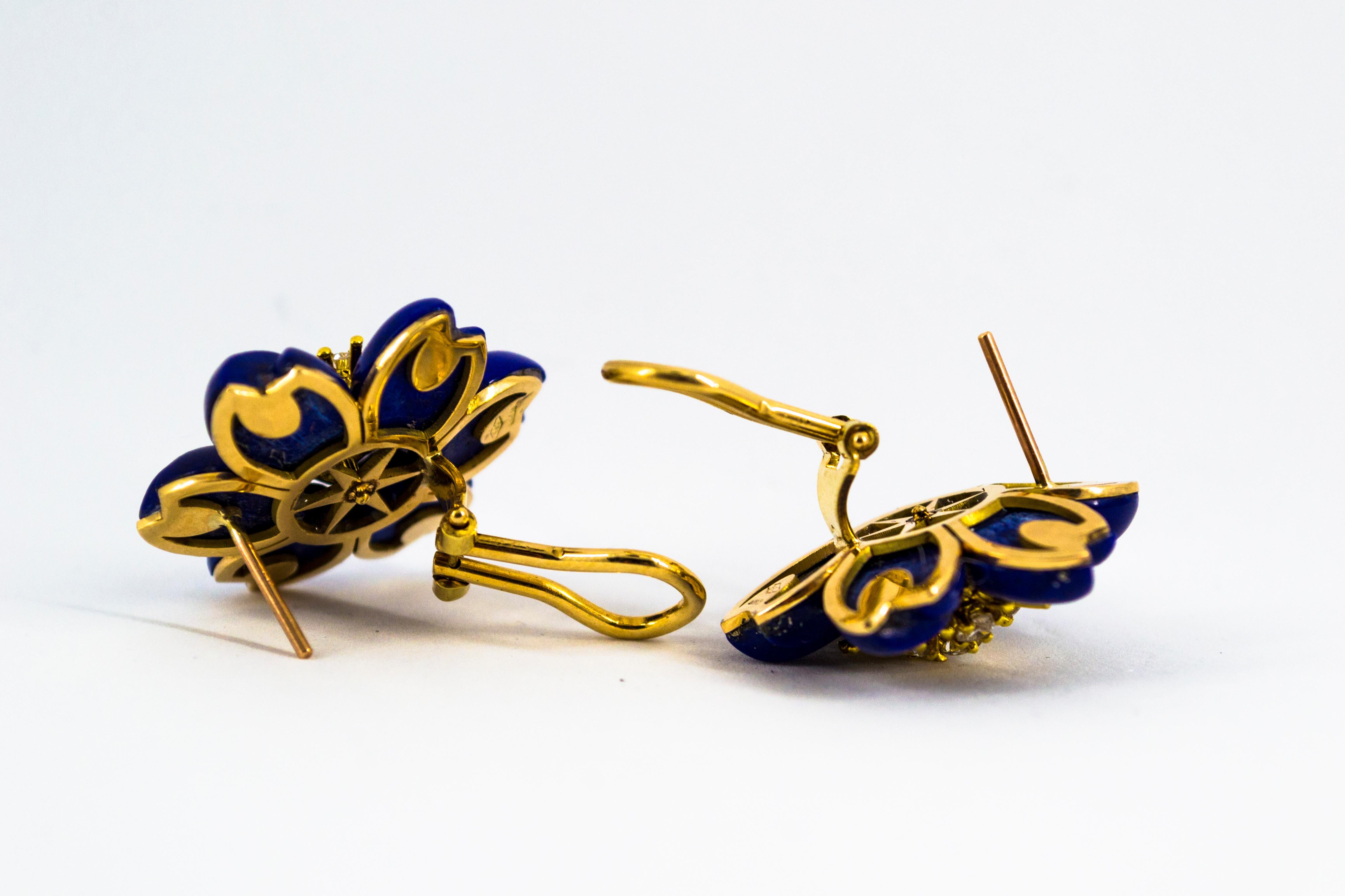 Art Nouveau Lapis Lazuli White Diamond Yellow Gold Clip-On Flowers Earrings For Sale 7