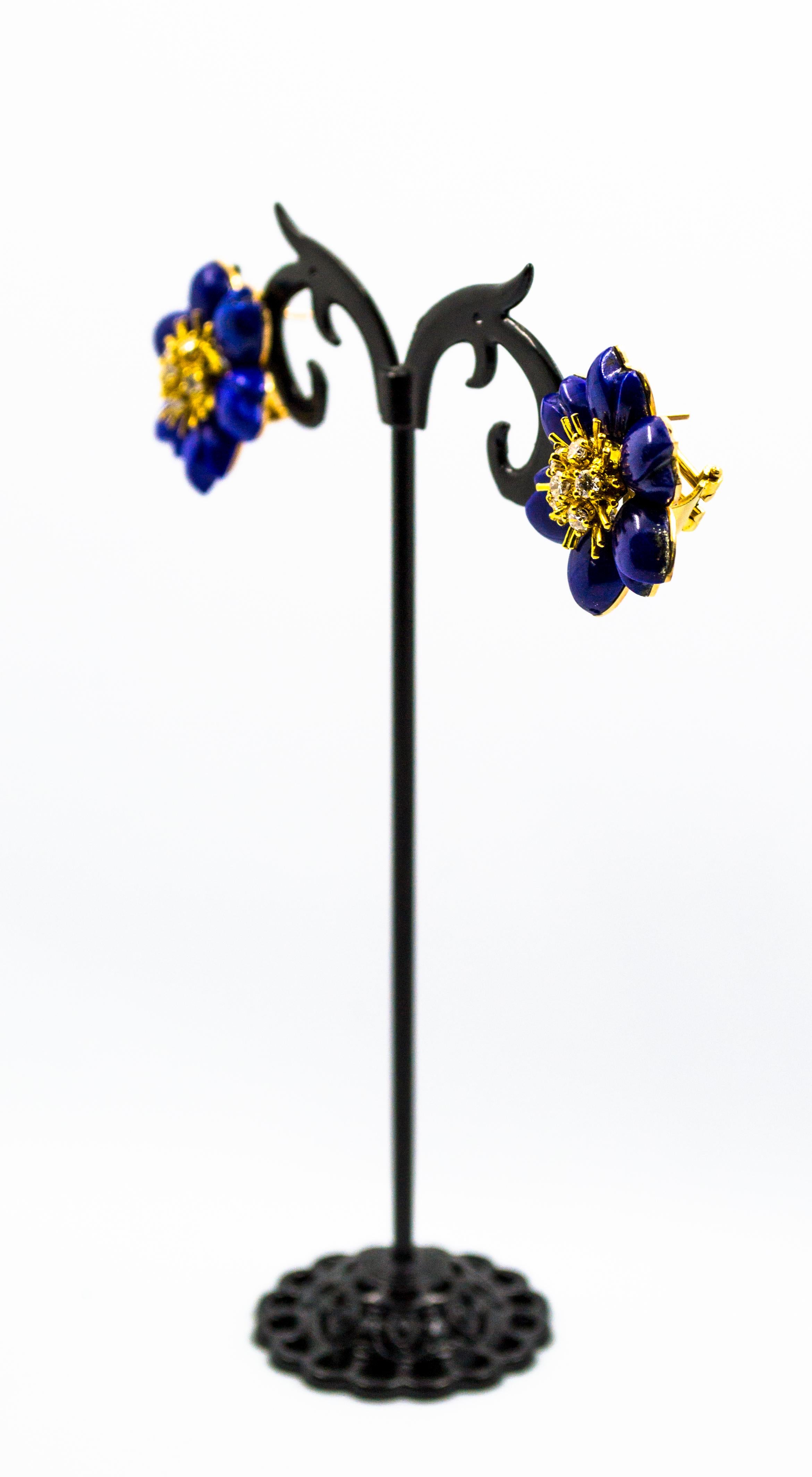Brilliant Cut Art Nouveau Lapis Lazuli White Diamond Yellow Gold Clip-On Flowers Earrings For Sale
