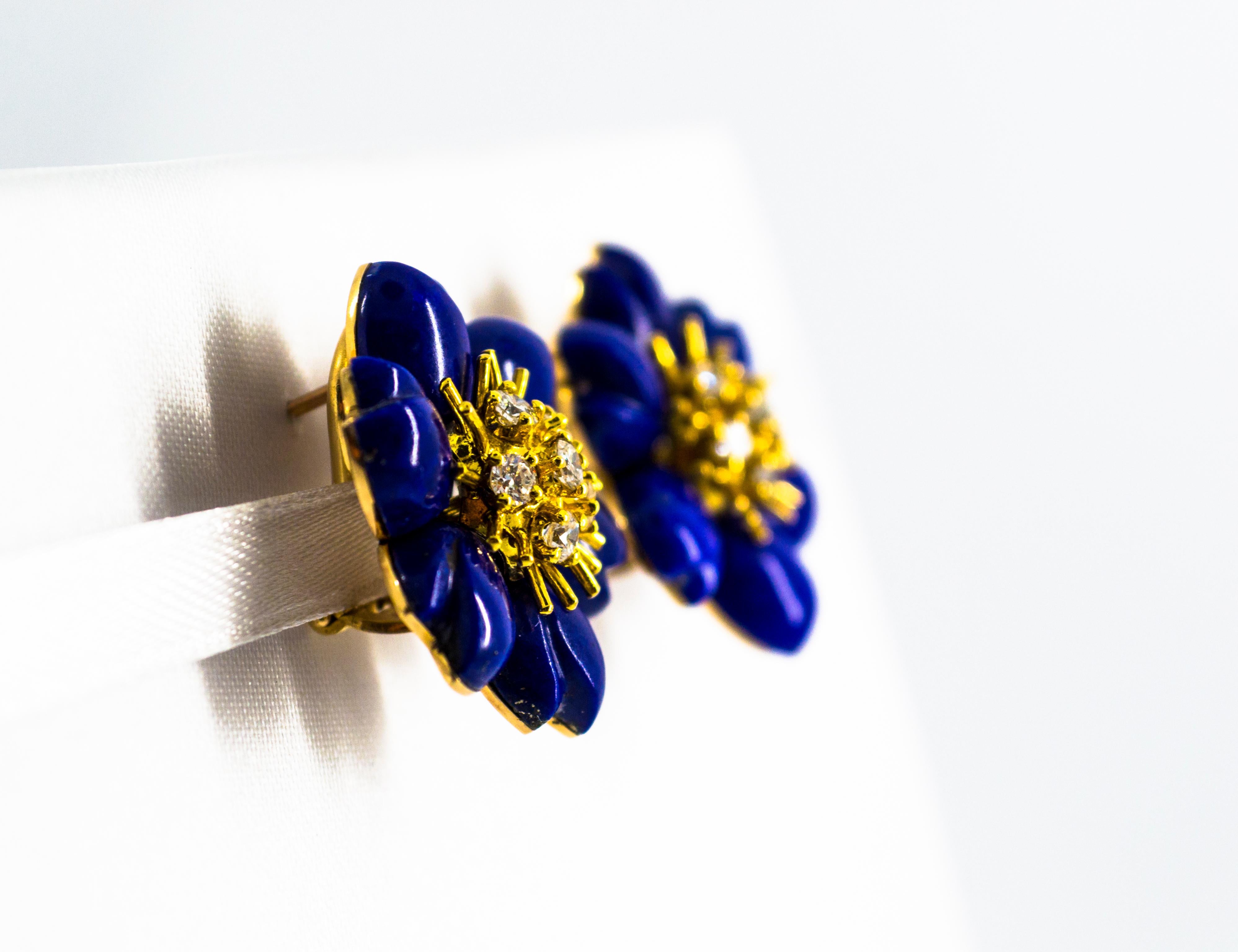 Brilliant Cut Art Nouveau Lapis Lazuli White Diamond Yellow Gold Clip-On Flowers Earrings