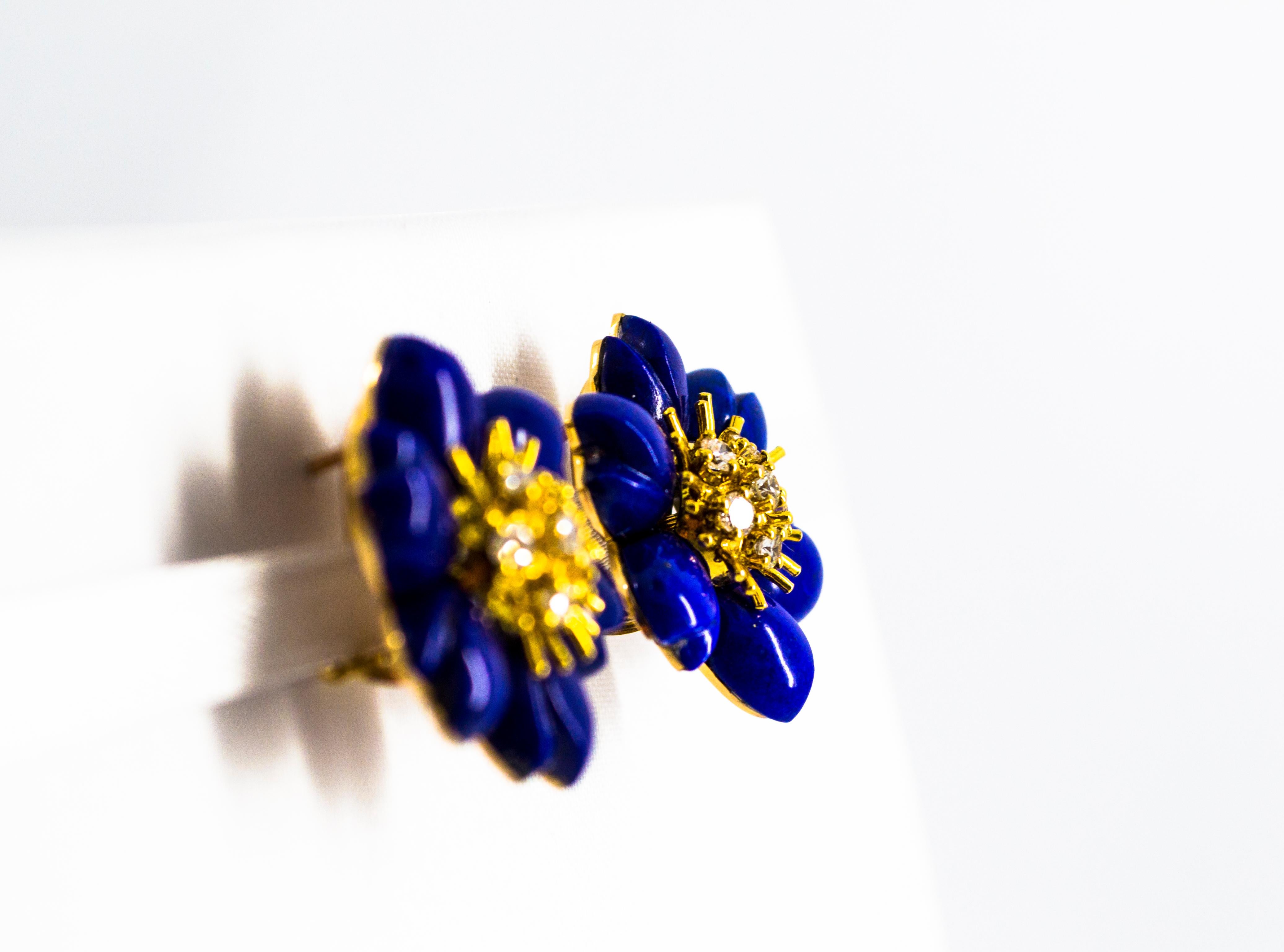 Art Nouveau Lapis Lazuli White Diamond Yellow Gold Clip-On Flowers Earrings In New Condition In Naples, IT