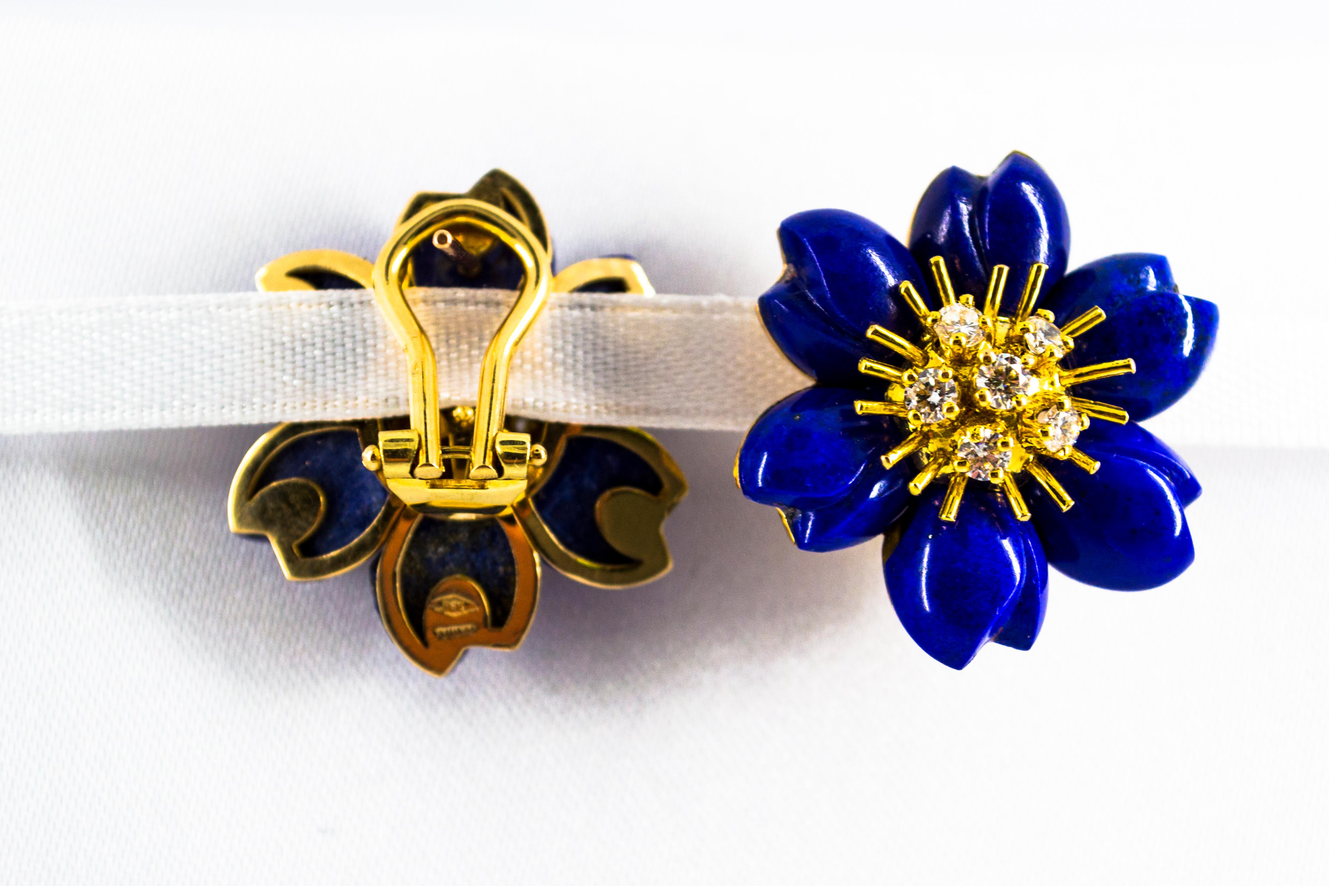 Women's or Men's Art Nouveau Lapis Lazuli White Diamond Yellow Gold Clip-On Flowers Earrings