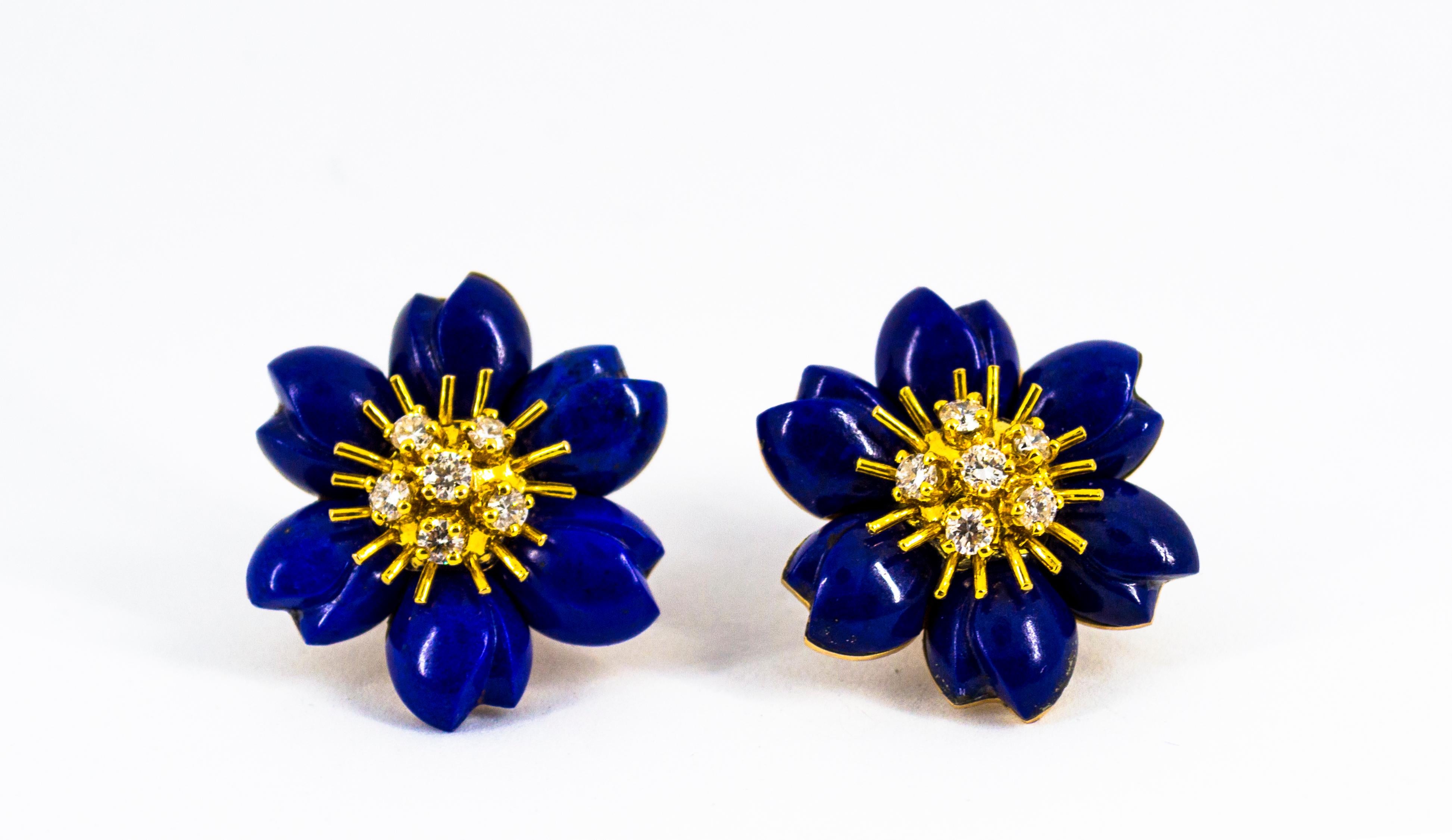 Art Nouveau Lapis Lazuli White Diamond Yellow Gold Clip-On Flowers Earrings 1