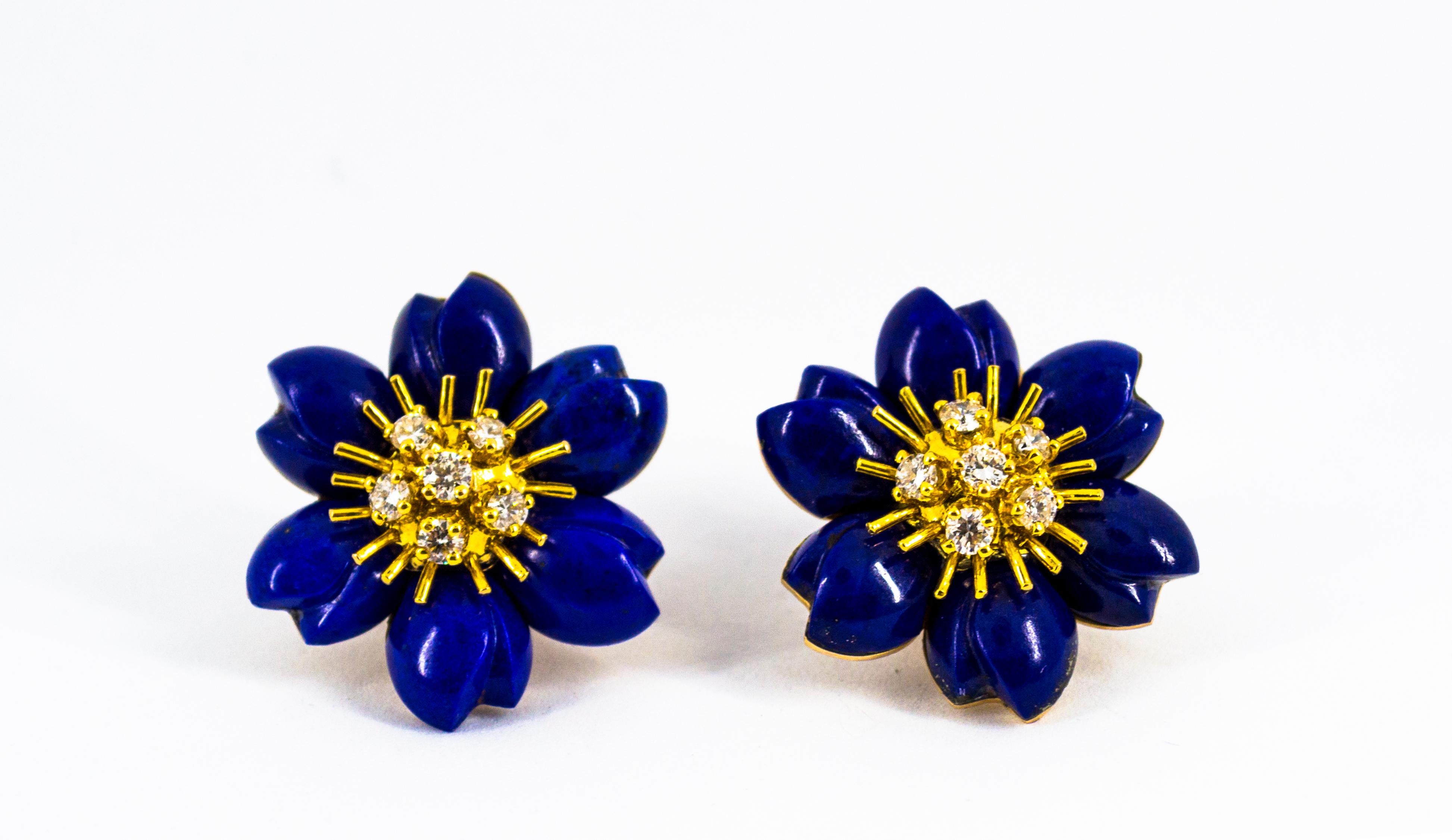 Art Nouveau Lapis Lazuli White Diamond Yellow Gold Clip-On Flowers Earrings For Sale 4