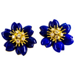 Art Nouveau Lapislázuli Diamante Blanco Oro Amarillo Pendientes Flores con Clip